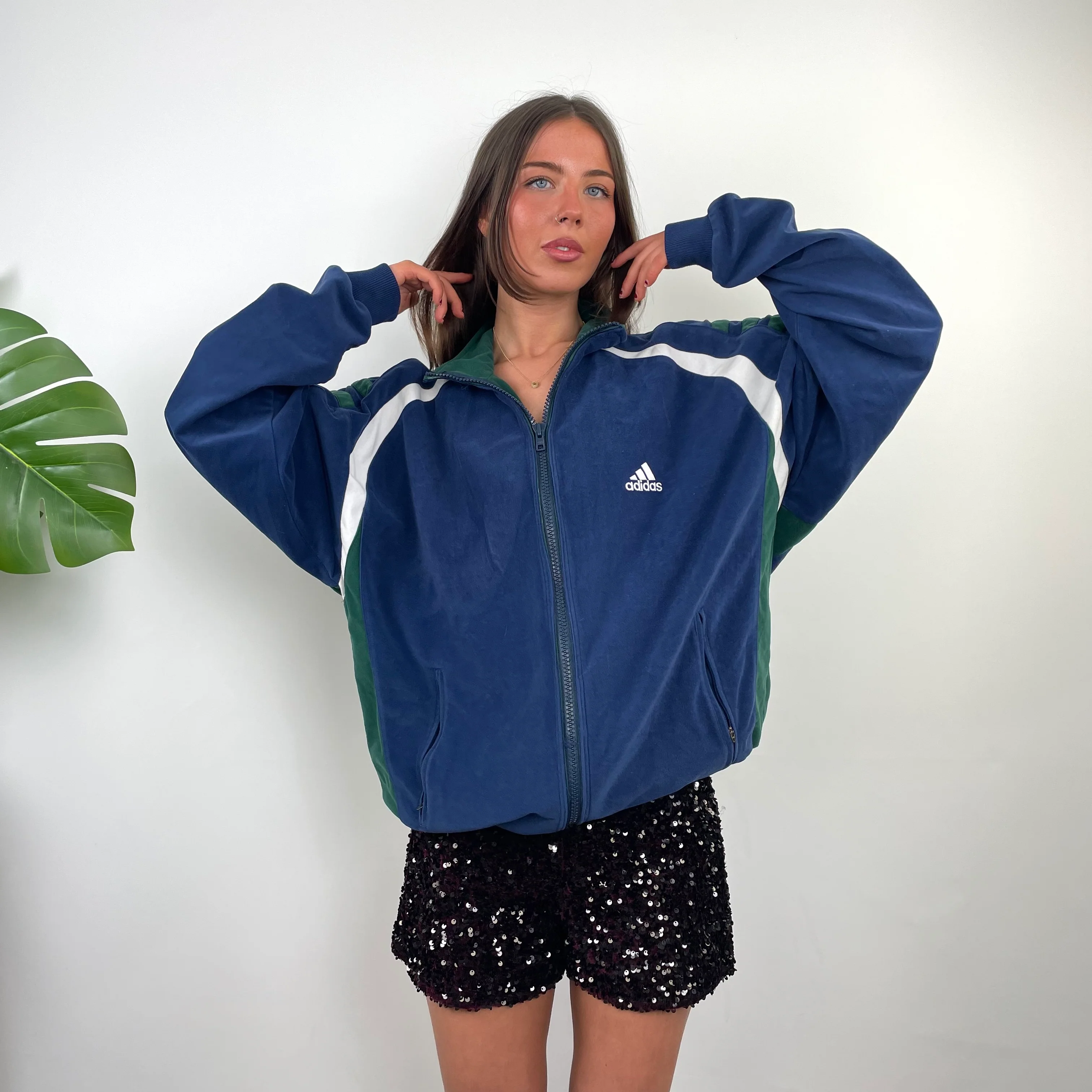Adidas Navy Embroidered Spell Out Teddy Bear Fleece Quarter Zip Up Jacket (L) - Image 5