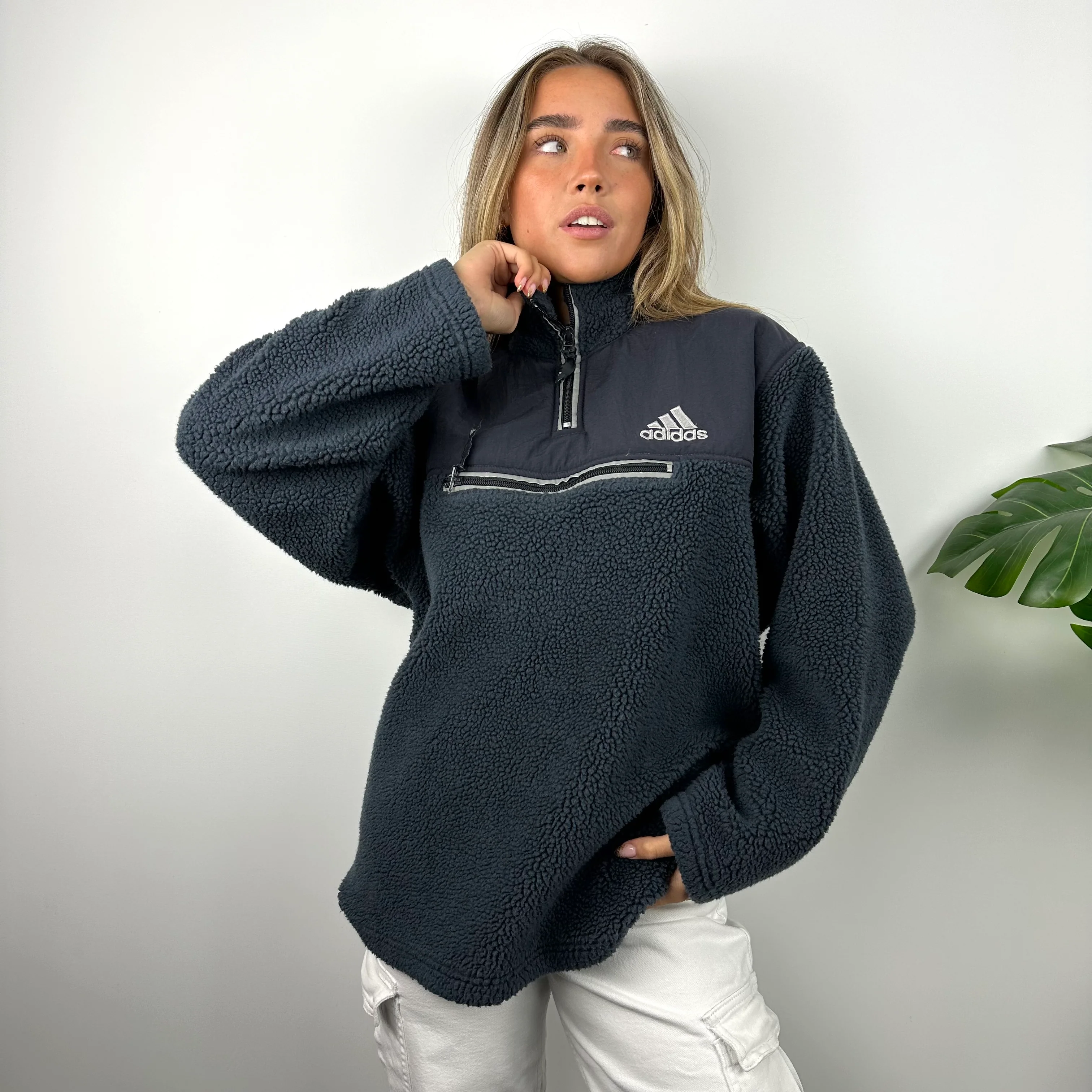 Adidas Navy Embroidered Spell Out Teddy Bear Sherpa Fleece Quarter Zip (M) - Image 3