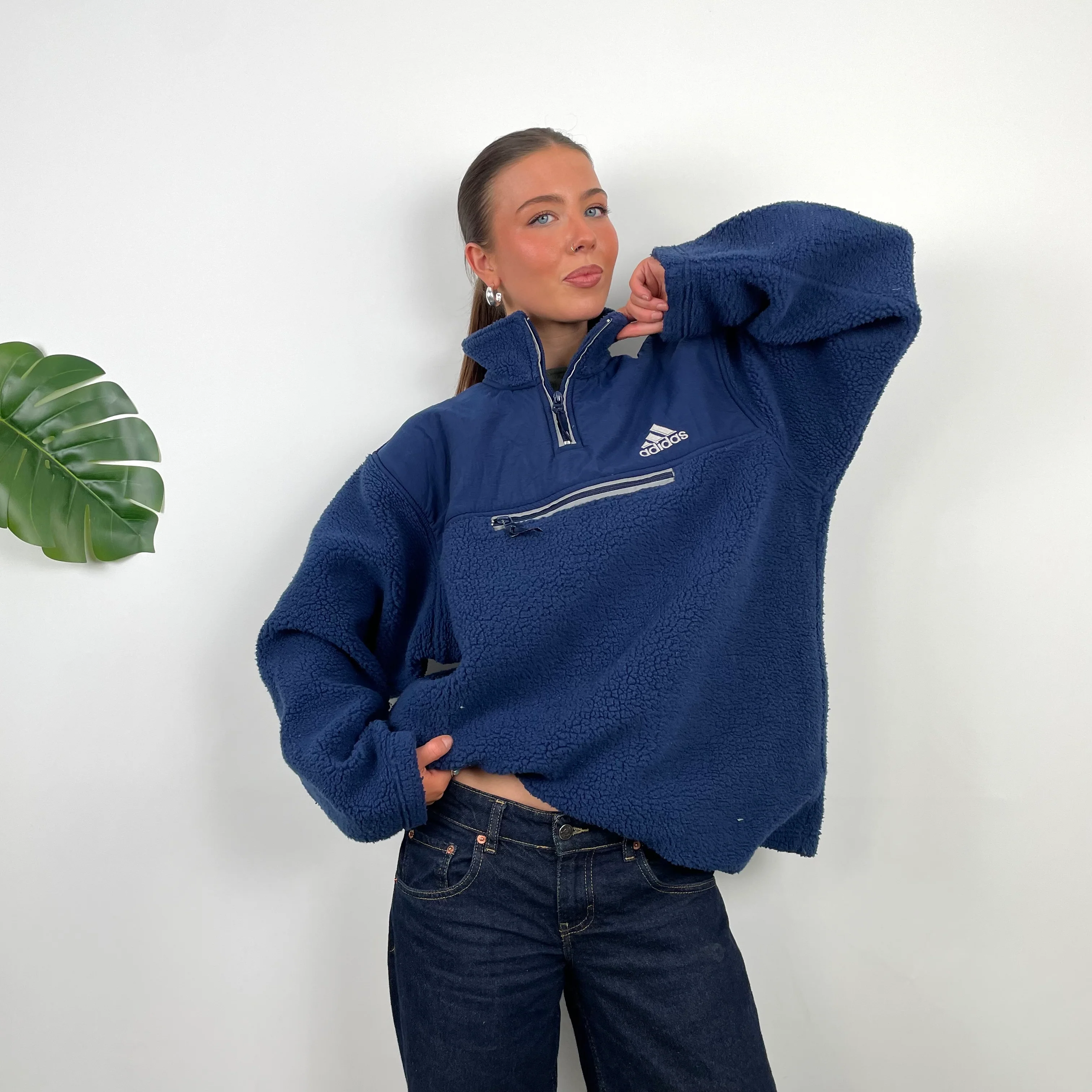 Adidas Navy Embroidered Spell Out Teddy Bear Sherpa Fleece Quarter Zip Sweatshirt
