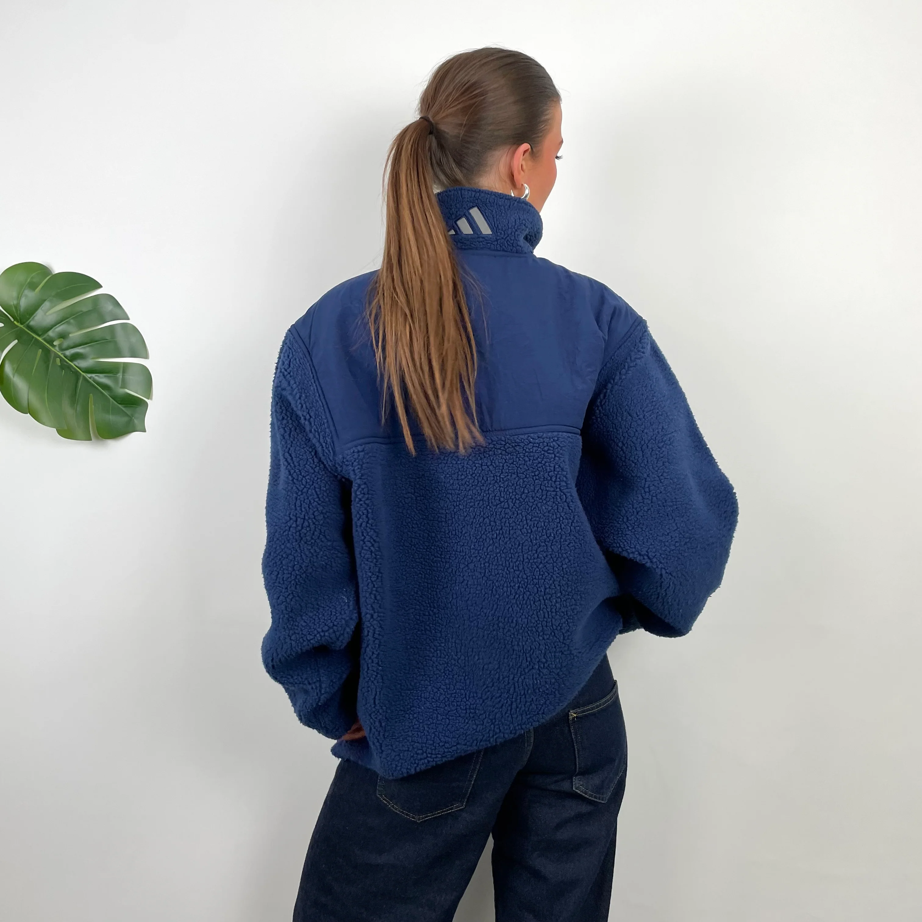 Adidas Navy Embroidered Spell Out Teddy Bear Sherpa Fleece Quarter Zip Sweatshirt - Image 6