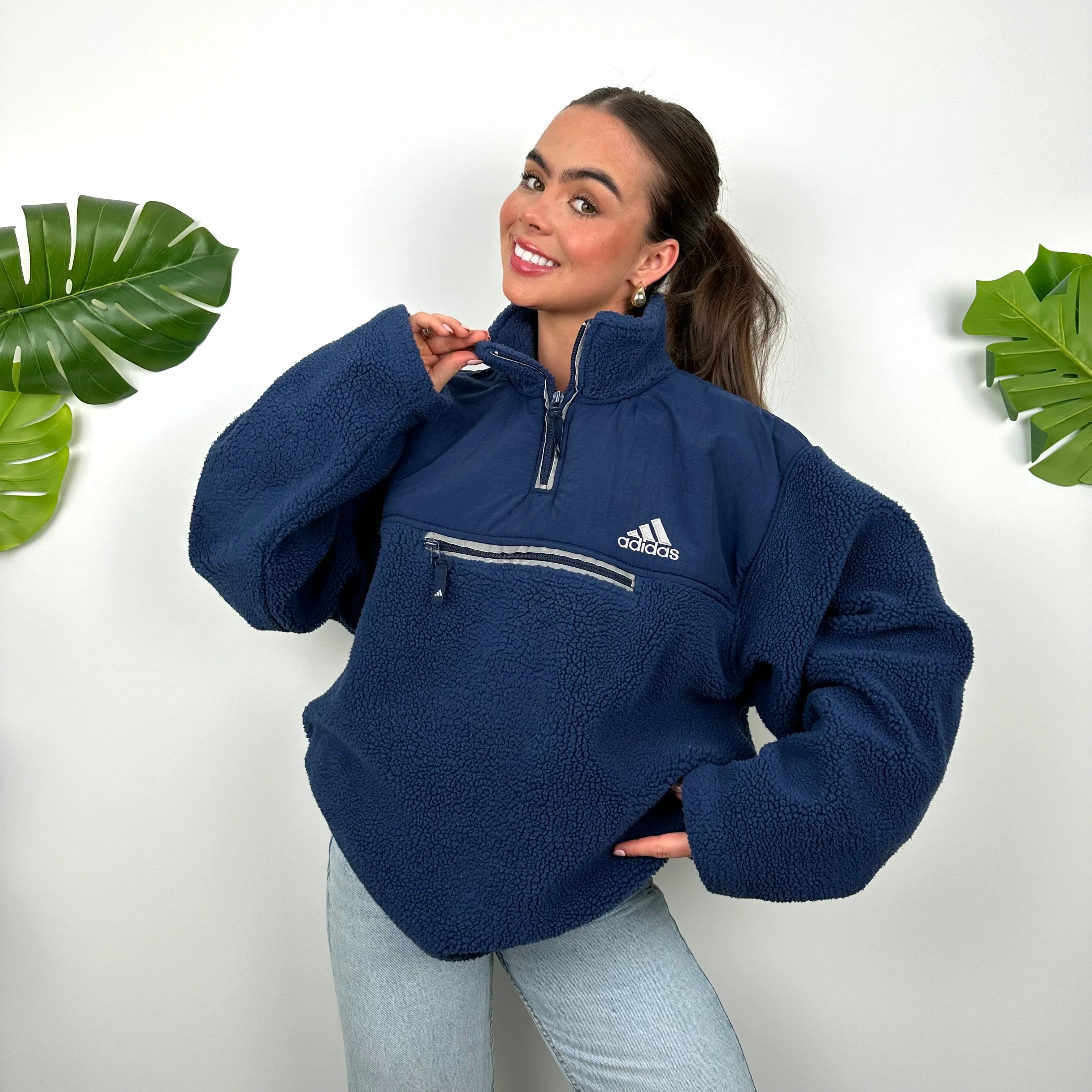 Adidas Navy Embroidered Spell Out Teddy Bear Sherpa Fleece Quarter Zip Sweatshirt (XL) - Image 2