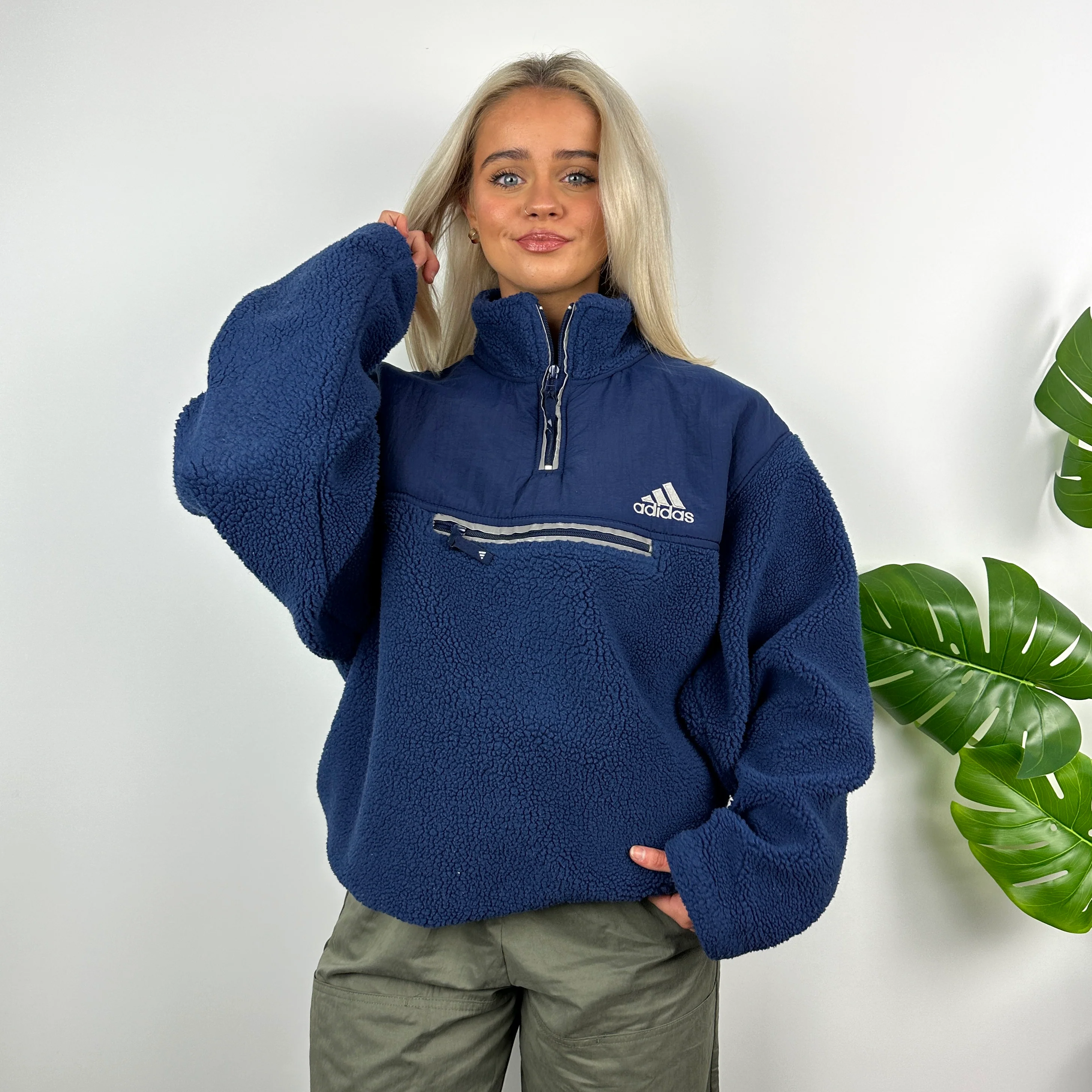 Adidas Navy Embroidered Spell Out Teddy Bear Sherpa Fleece Quarter Zip Sweatshirt (XL) - Image 2