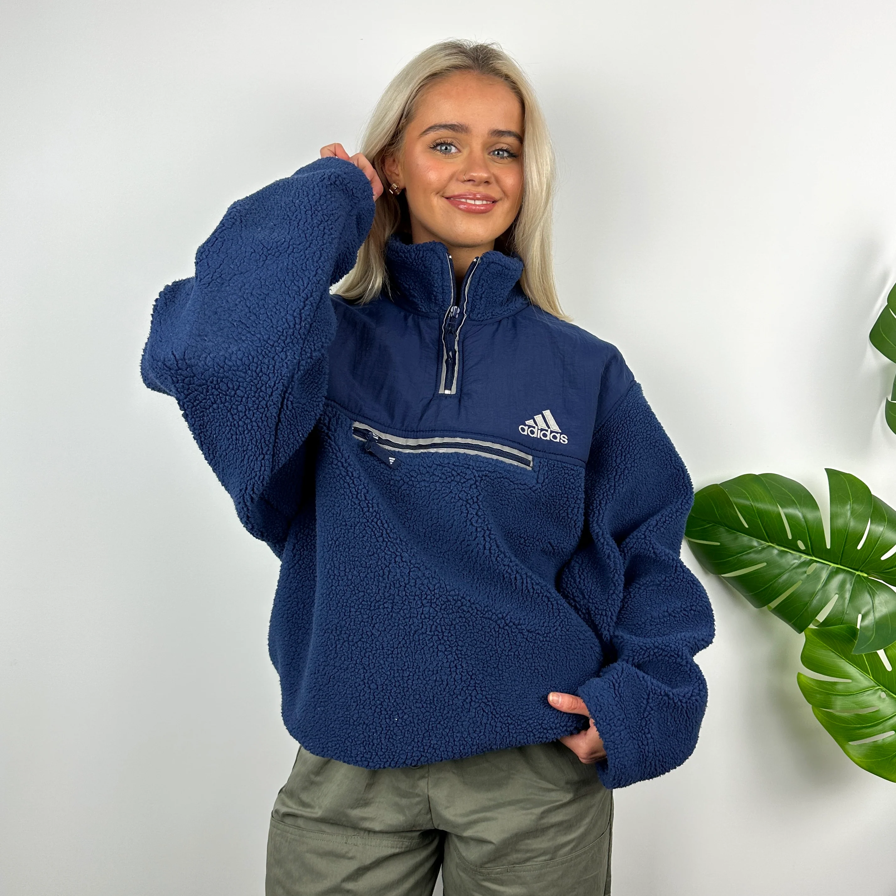 Adidas Navy Embroidered Spell Out Teddy Bear Sherpa Fleece Quarter Zip Sweatshirt (XL) - Image 3