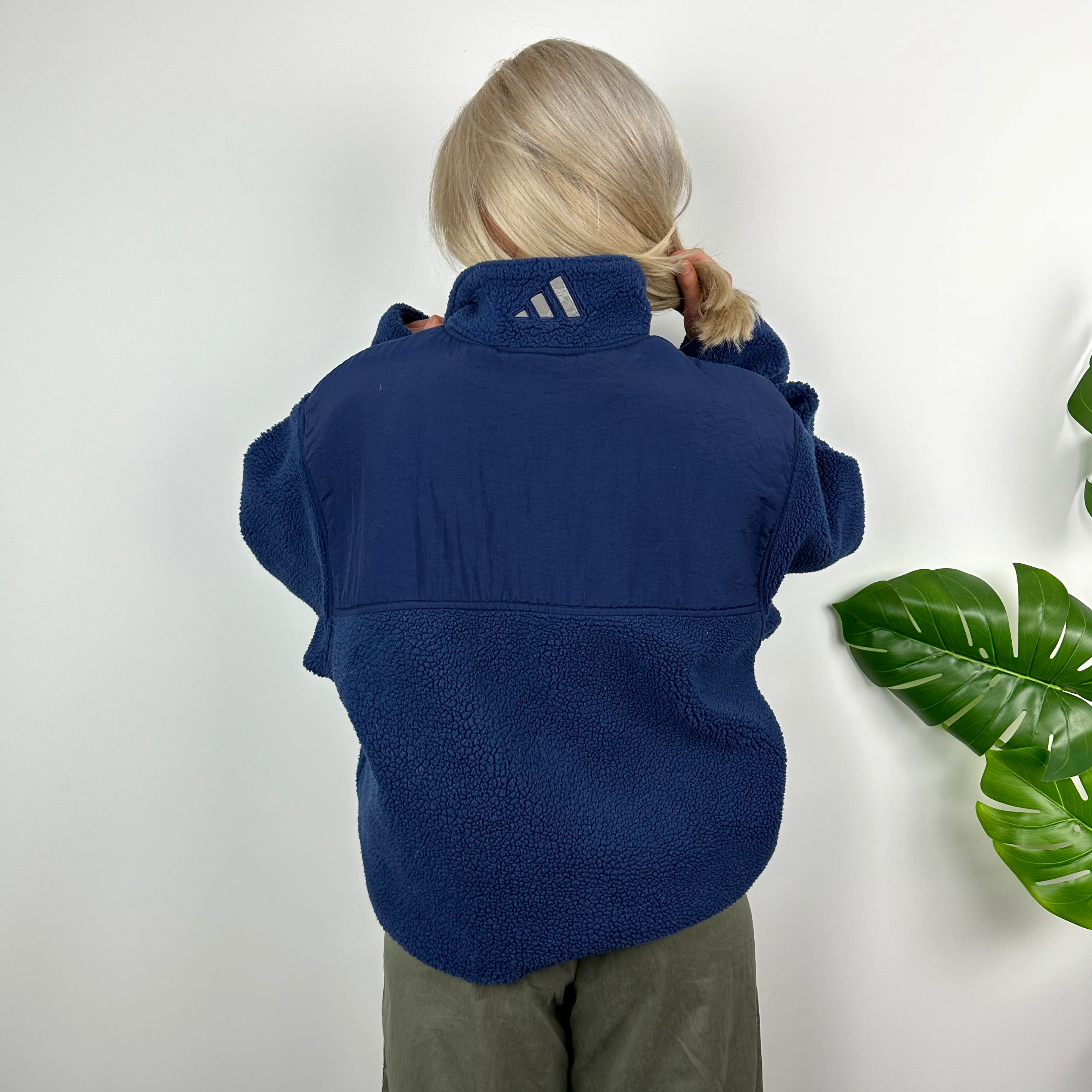 Adidas Navy Embroidered Spell Out Teddy Bear Sherpa Fleece Quarter Zip Sweatshirt (XL) - Image 4