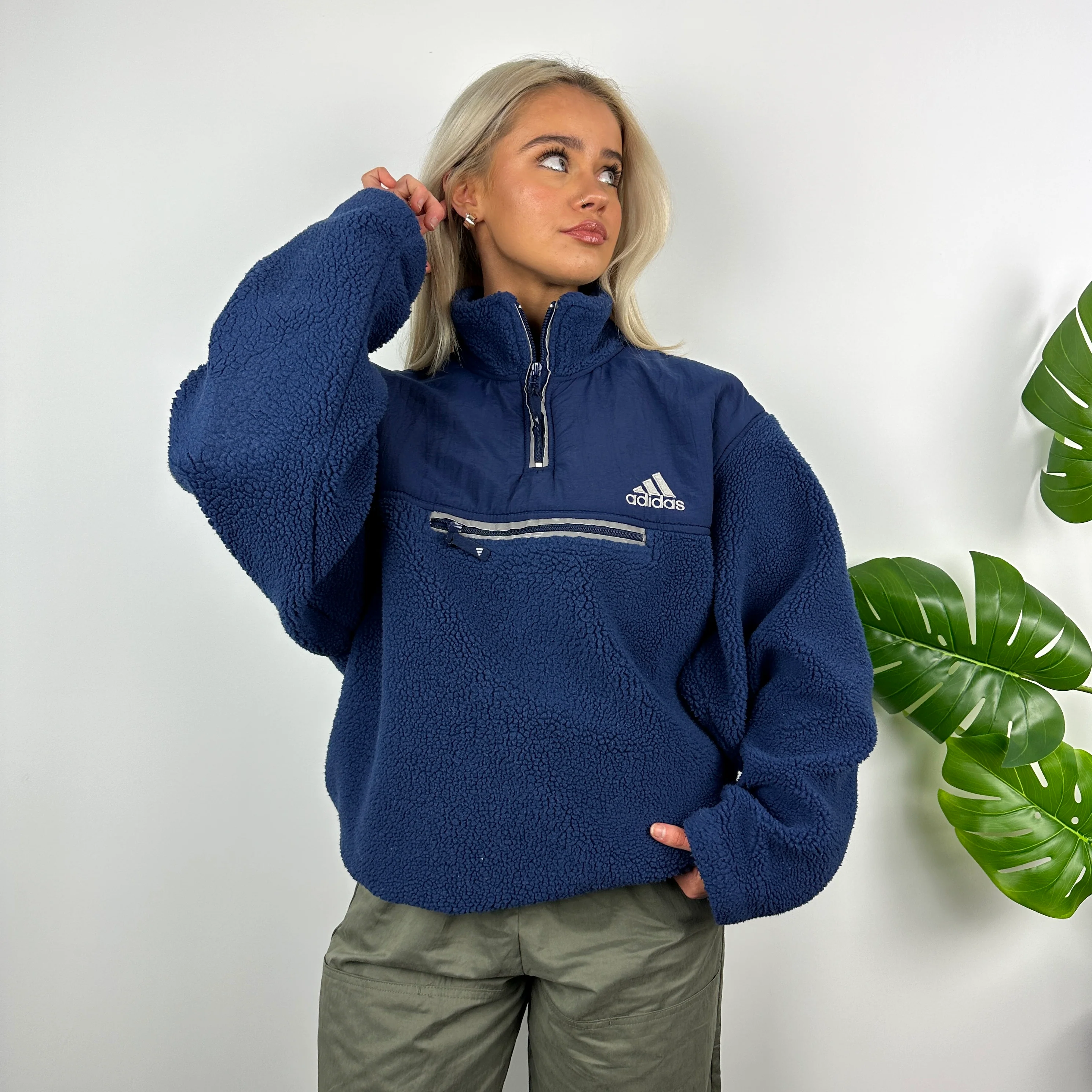 Adidas Navy Embroidered Spell Out Teddy Bear Sherpa Fleece Quarter Zip Sweatshirt (XL) - Image 5