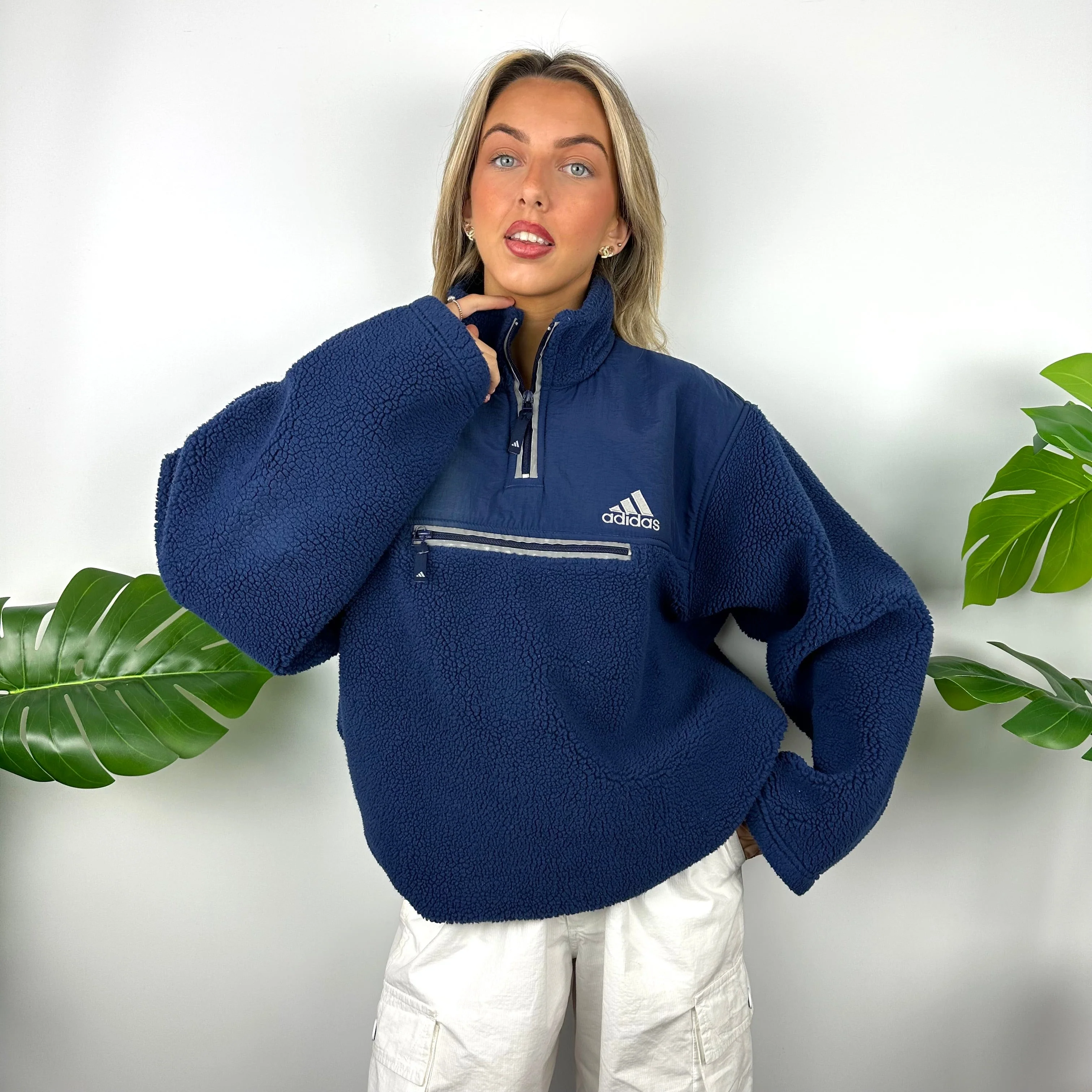 Adidas Navy Embroidered Spell Out Teddy Bear Sherpa Fleece Quarter Zip Sweatshirt (XL) - Image 10