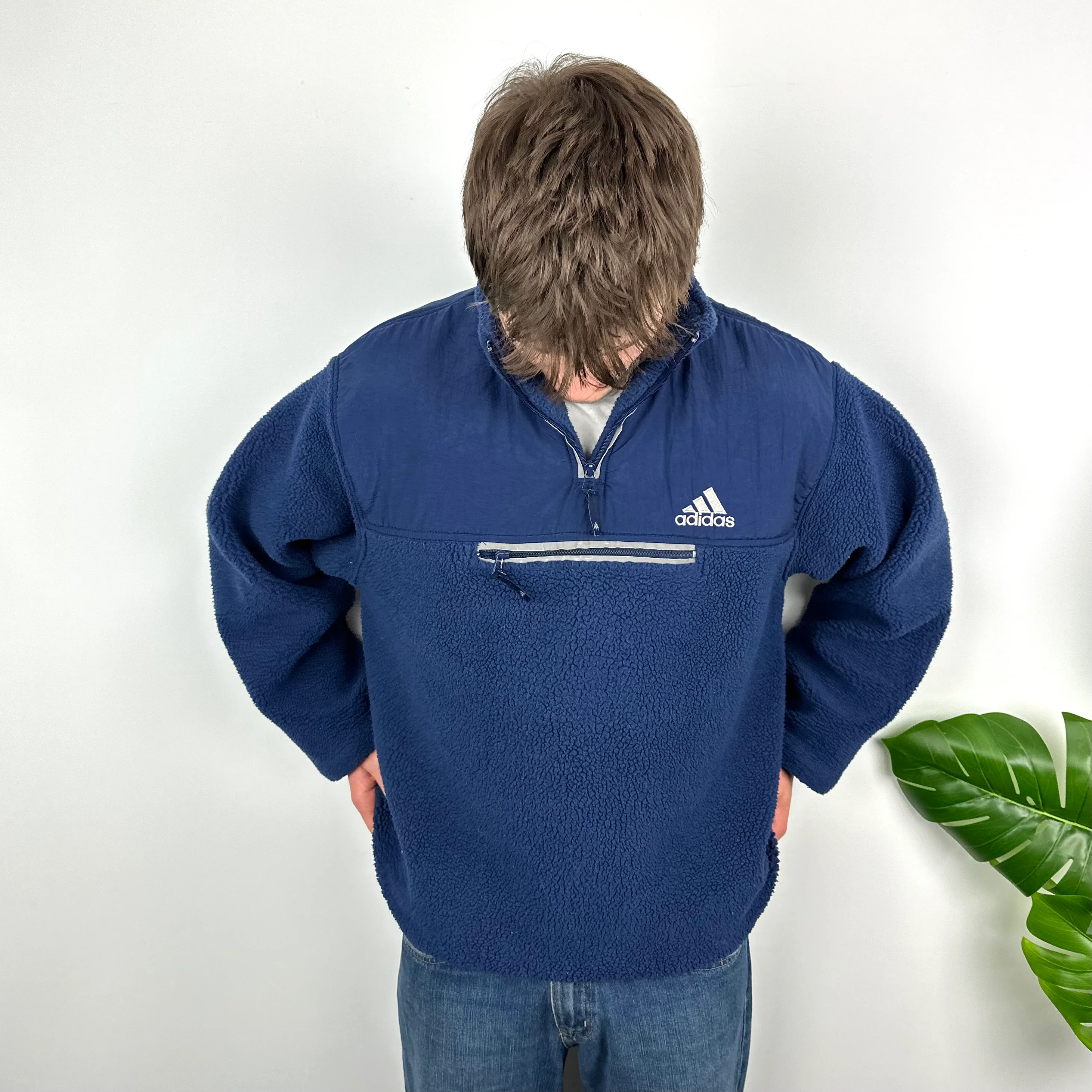 Adidas Navy Embroidered Spell Out Teddy Bear Sherpa Fleece Quarter Zip Sweatshirt (XL)