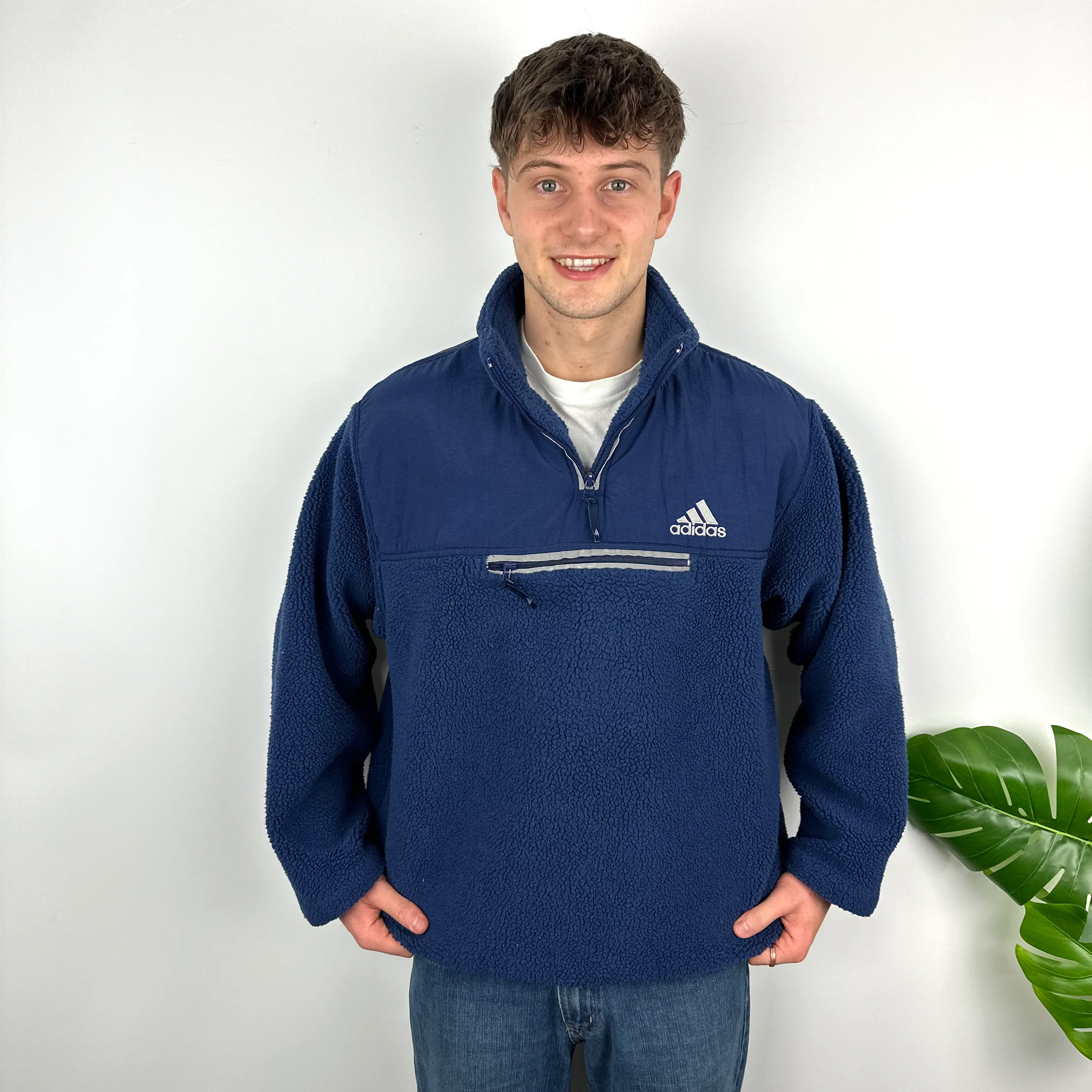 Adidas Navy Embroidered Spell Out Teddy Bear Sherpa Fleece Quarter Zip Sweatshirt (XL) - Image 2