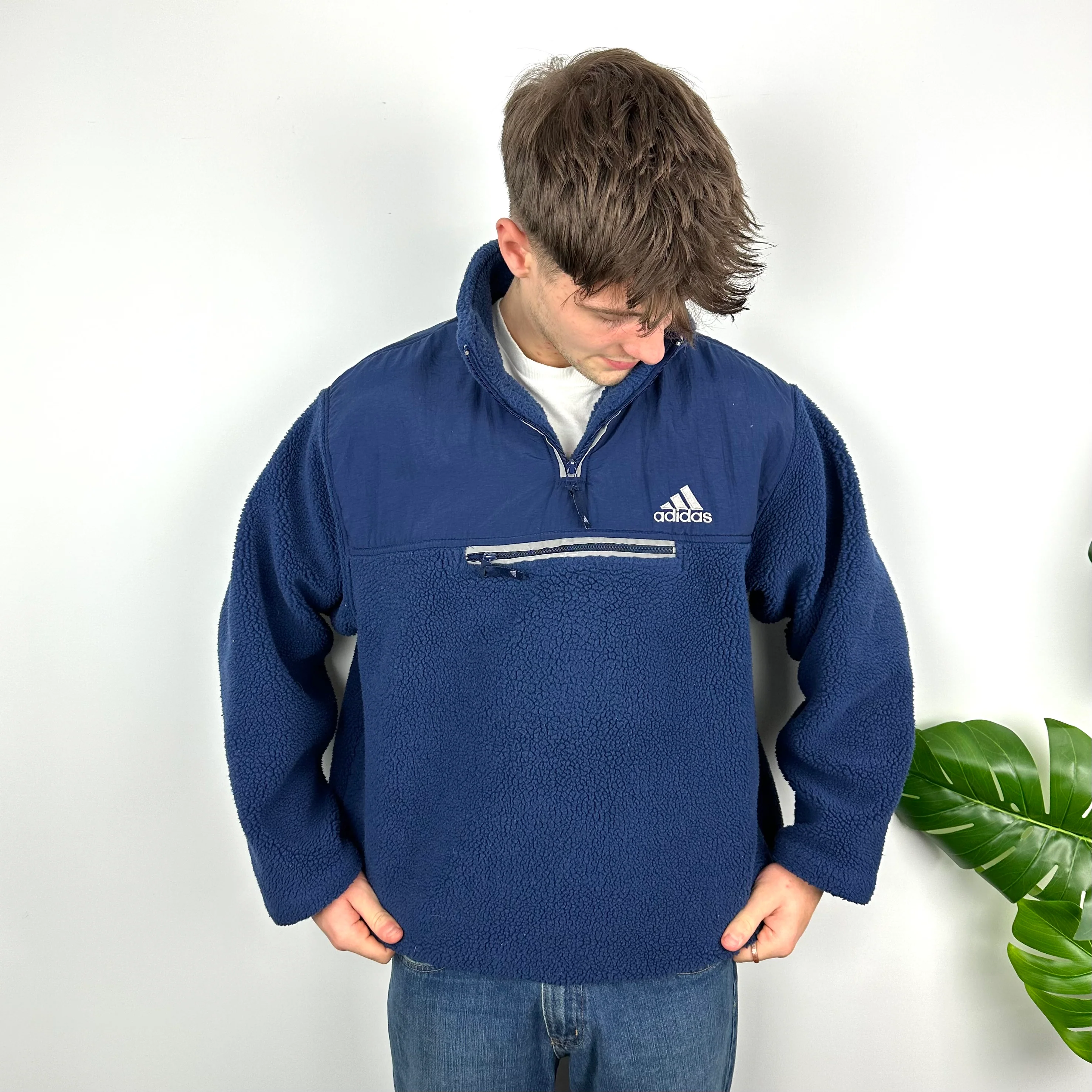 Adidas Navy Embroidered Spell Out Teddy Bear Sherpa Fleece Quarter Zip Sweatshirt (XL) - Image 3