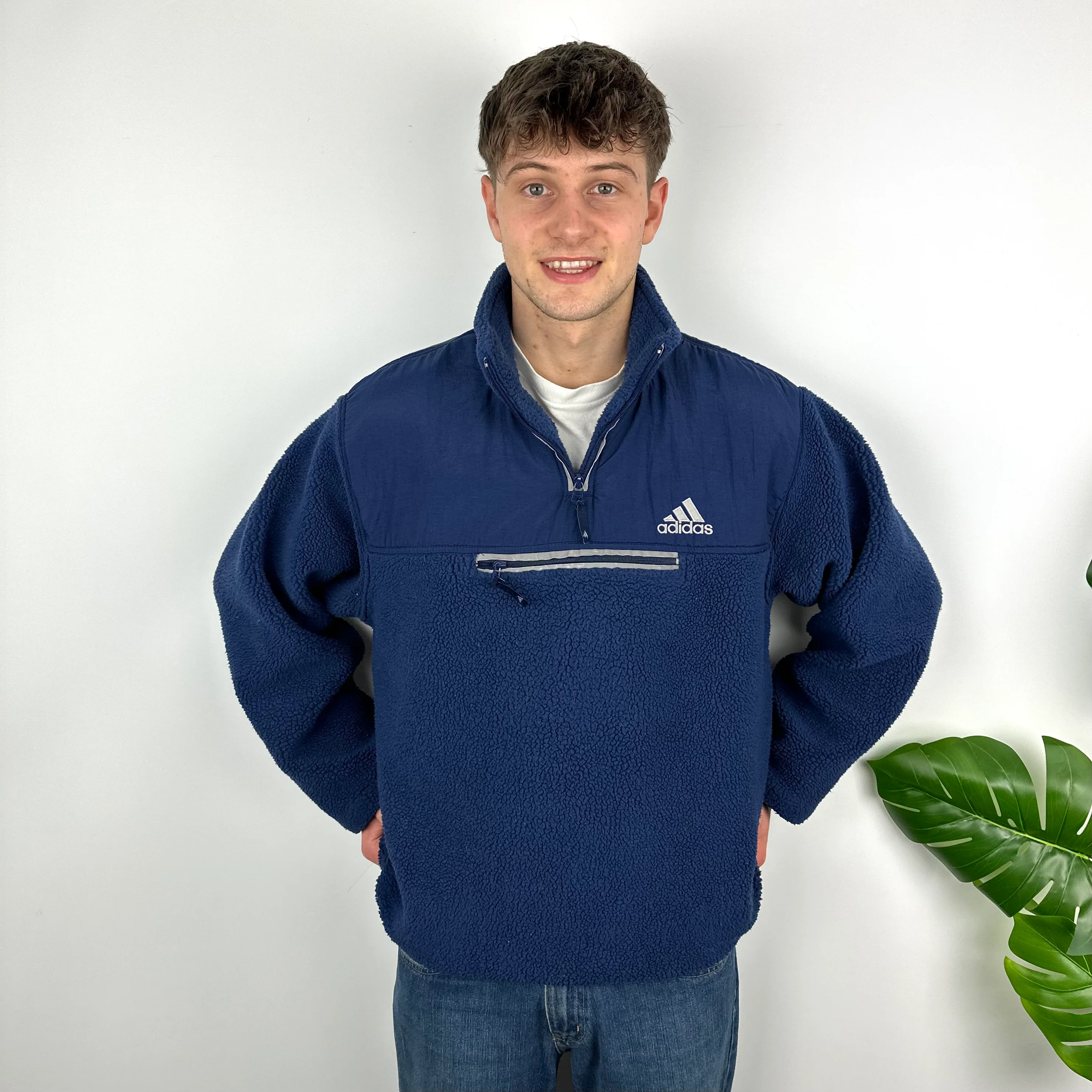 Adidas Navy Embroidered Spell Out Teddy Bear Sherpa Fleece Quarter Zip Sweatshirt (XL) - Image 4