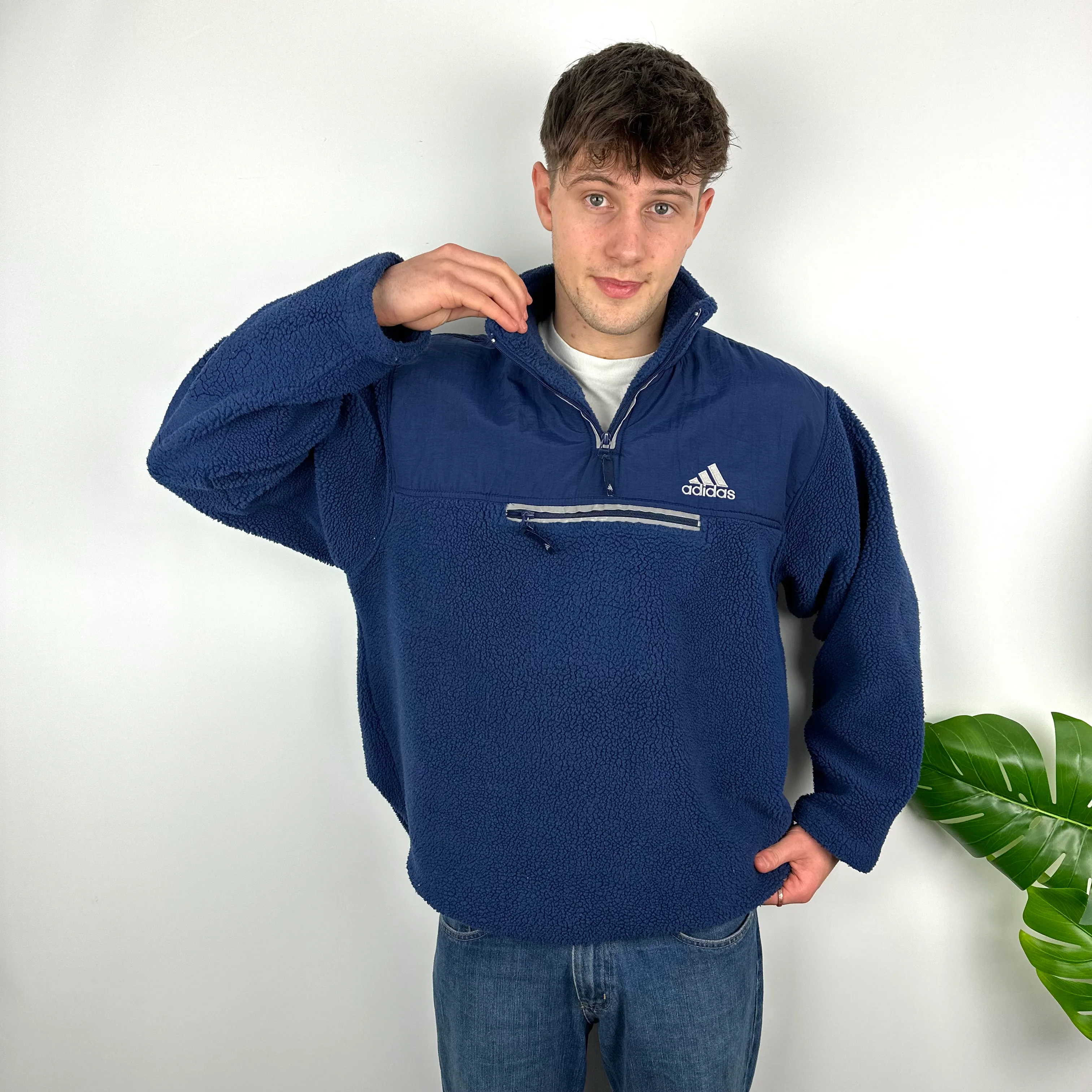 Adidas Navy Embroidered Spell Out Teddy Bear Sherpa Fleece Quarter Zip Sweatshirt (XL) - Image 5