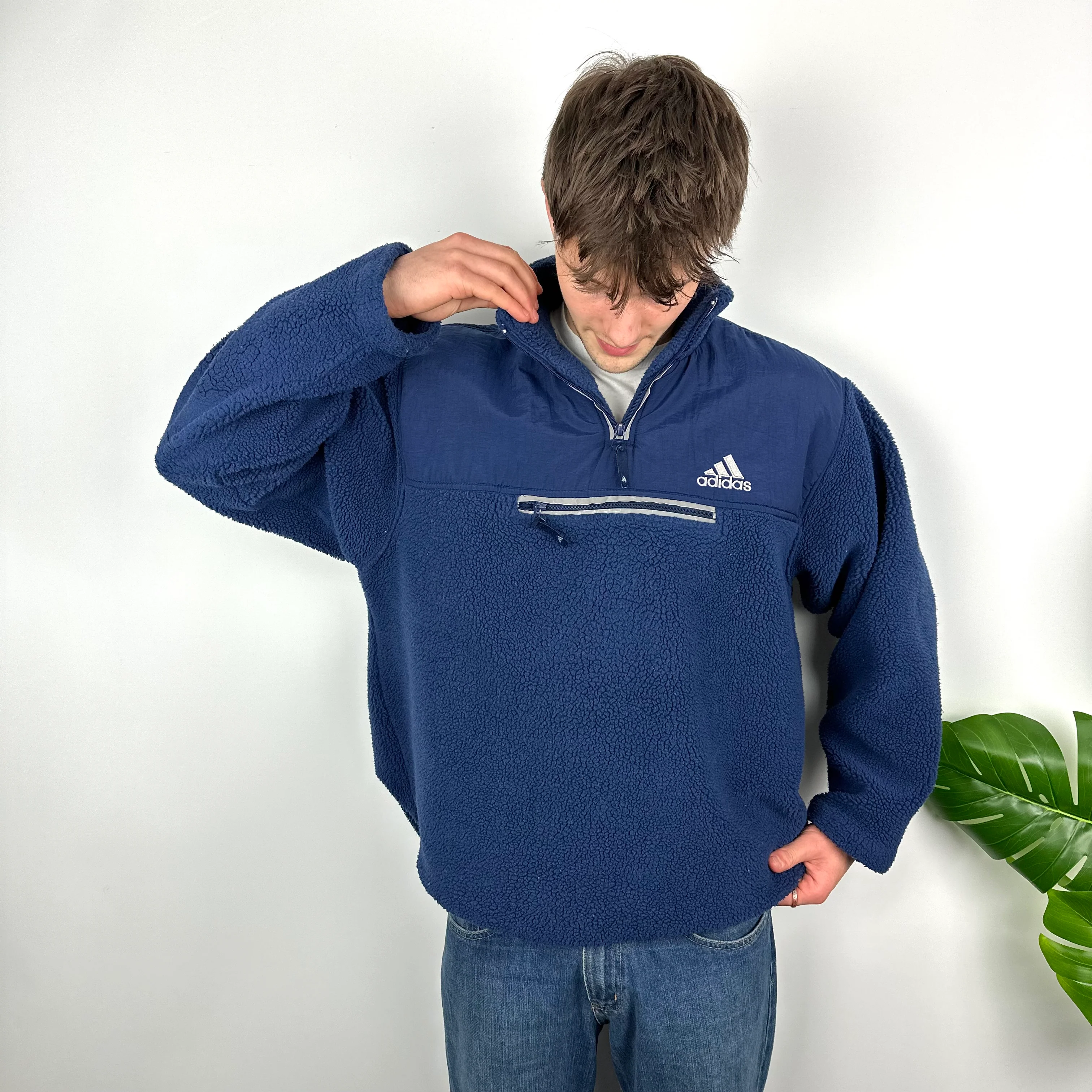 Adidas Navy Embroidered Spell Out Teddy Bear Sherpa Fleece Quarter Zip Sweatshirt (XL) - Image 6