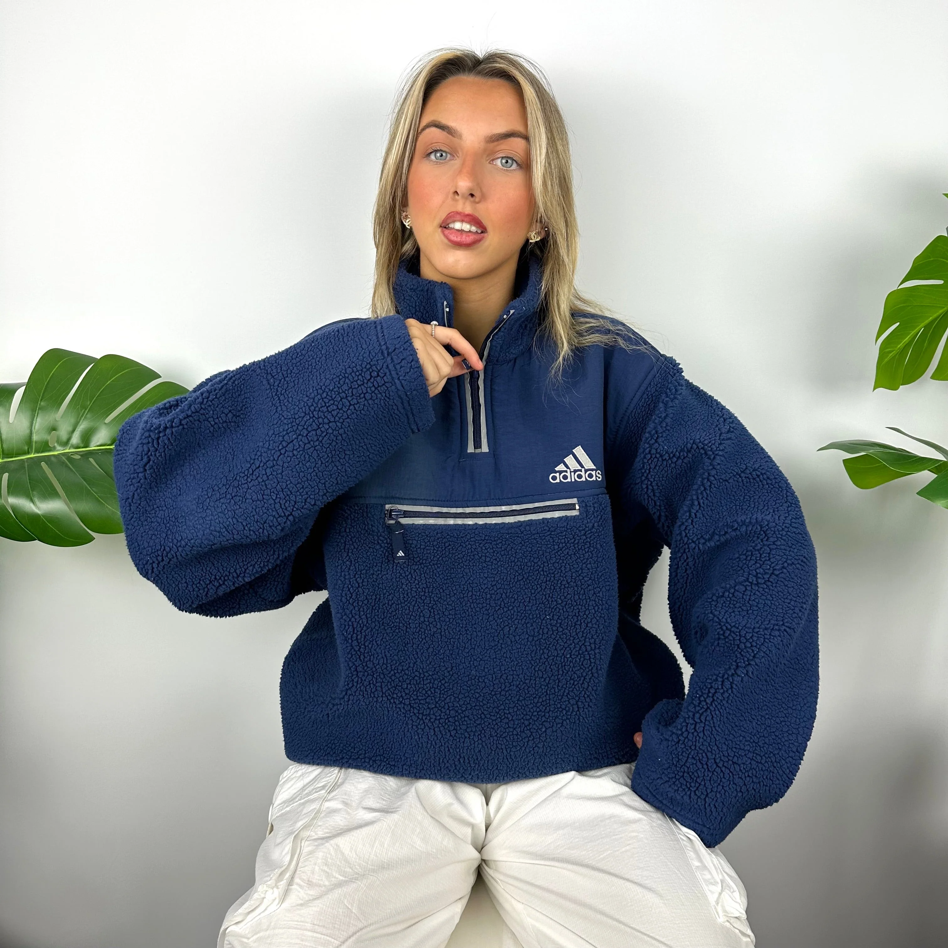 Adidas Navy Embroidered Spell Out Teddy Bear Sherpa Fleece Quarter Zip Sweatshirt (XL) - Image 2