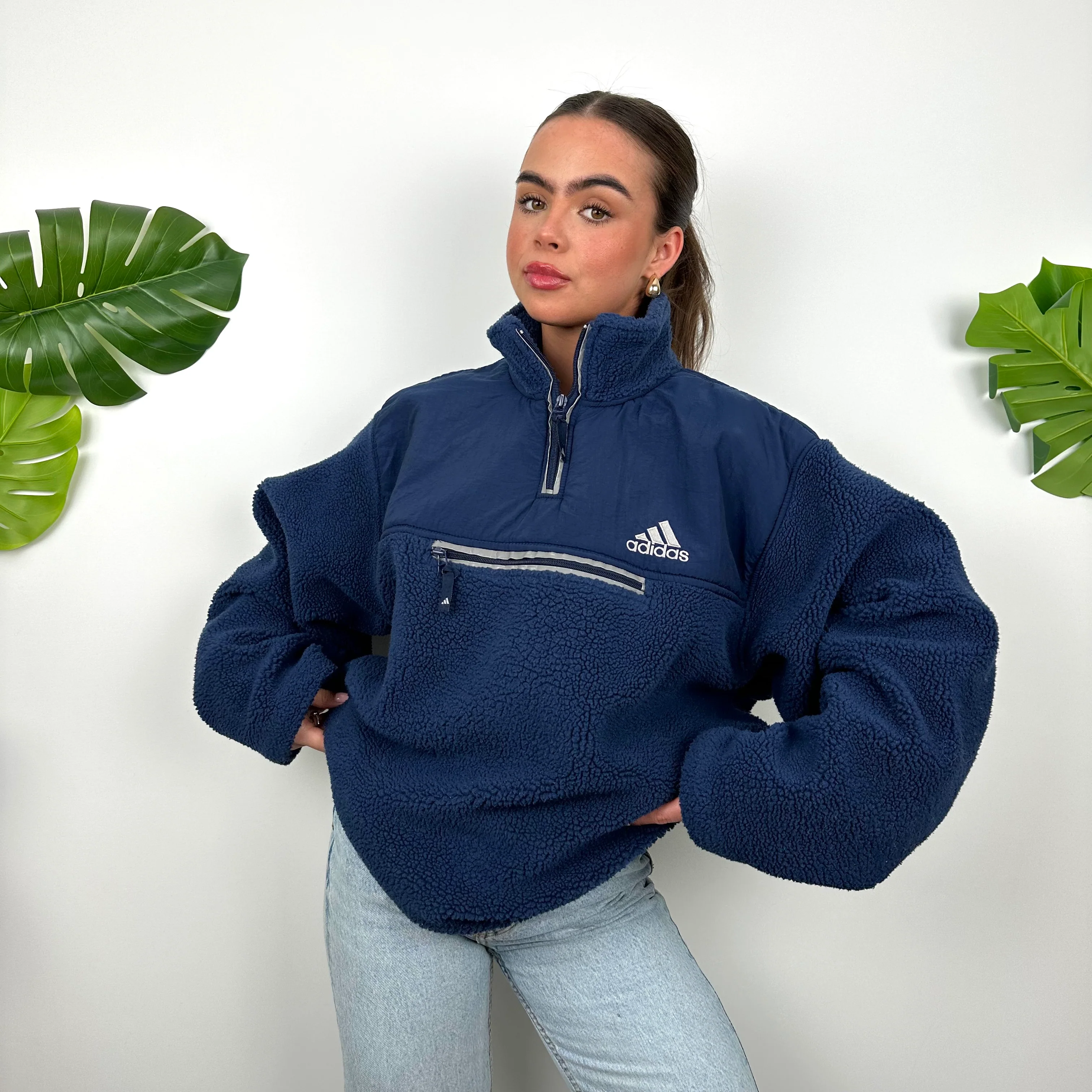 Adidas Navy Embroidered Spell Out Teddy Bear Sherpa Fleece Quarter Zip Sweatshirt (XL) - Image 3