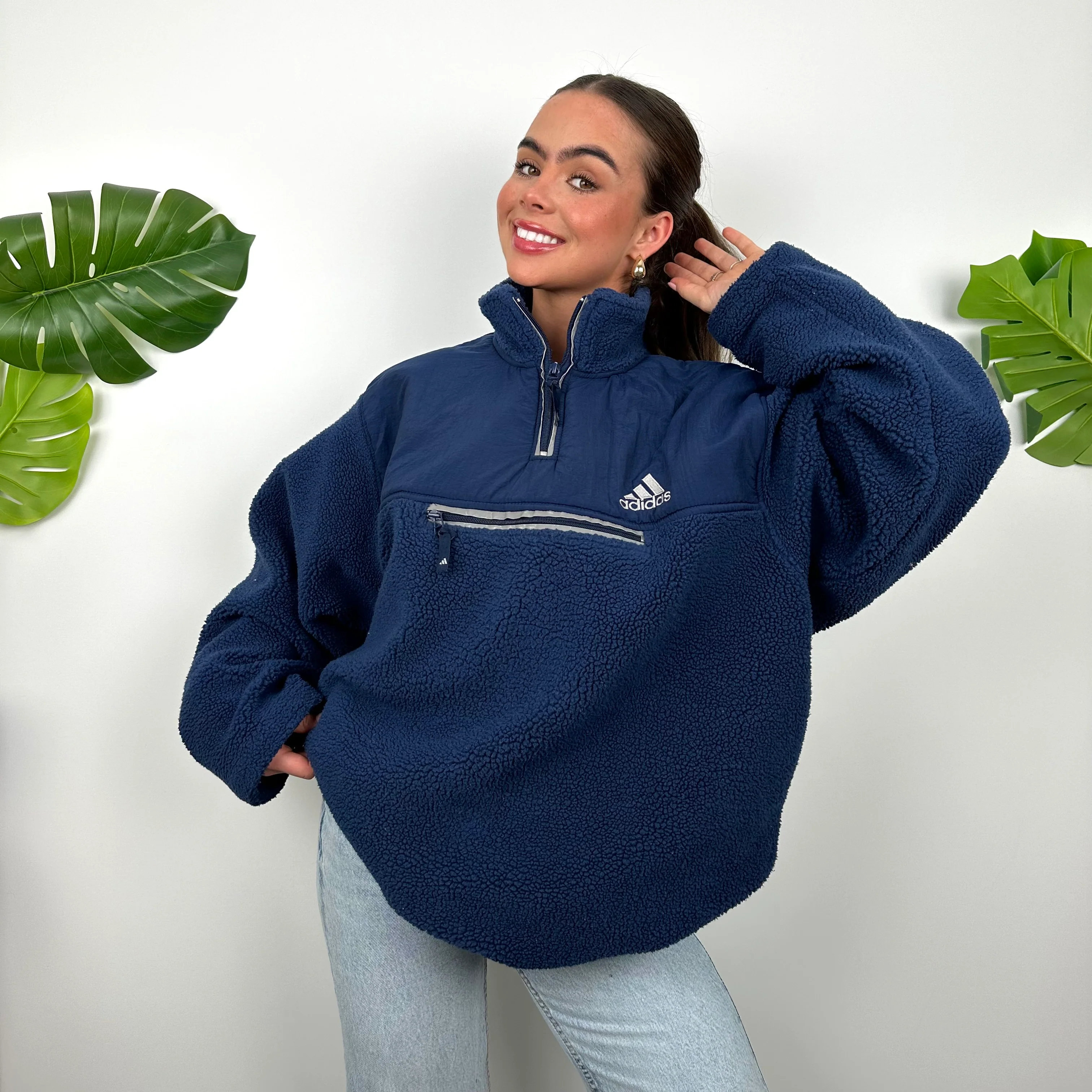 Adidas Navy Embroidered Spell Out Teddy Bear Sherpa Fleece Quarter Zip Sweatshirt (XL) - Image 4
