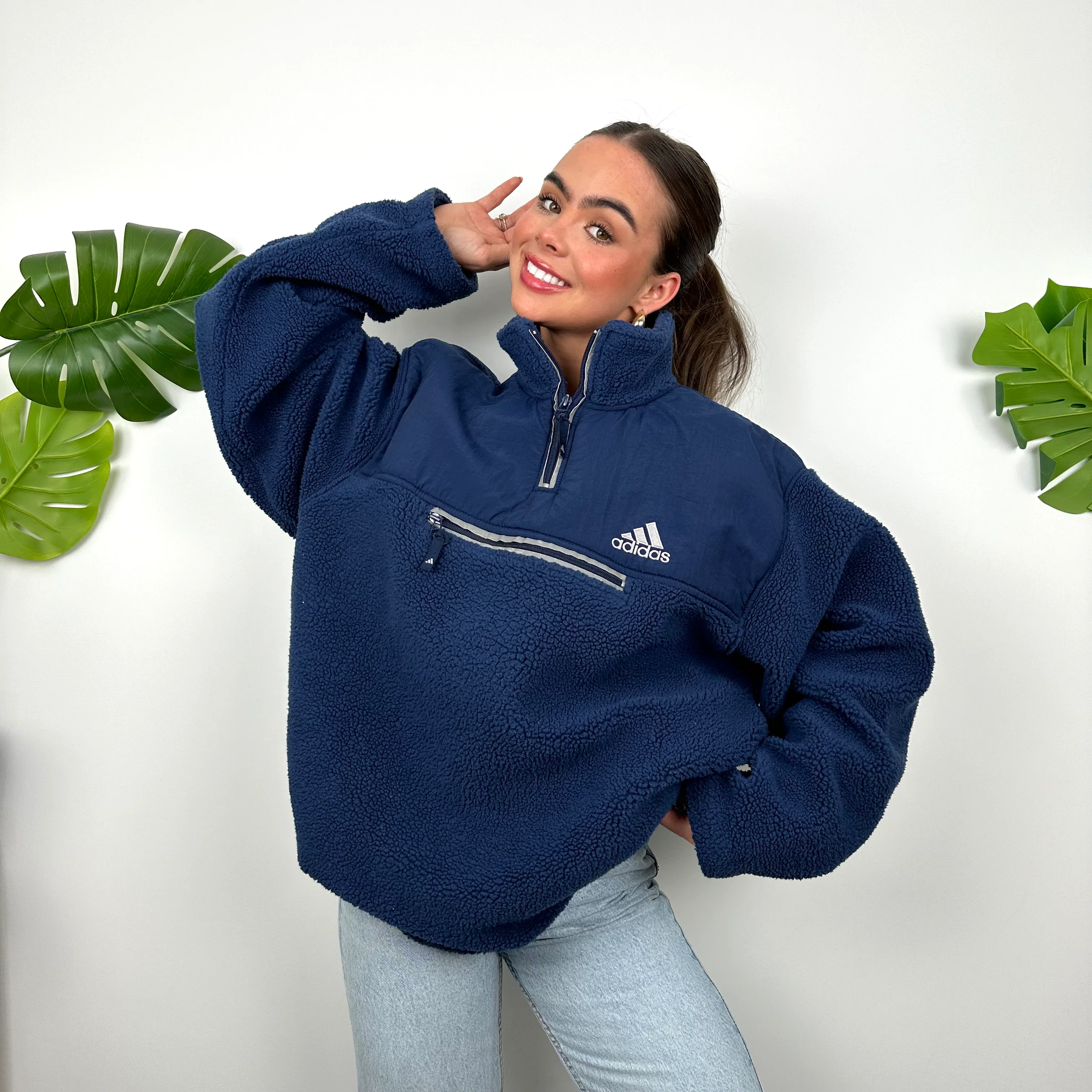 Adidas Navy Embroidered Spell Out Teddy Bear Sherpa Fleece Quarter Zip Sweatshirt (XL) - Image 5