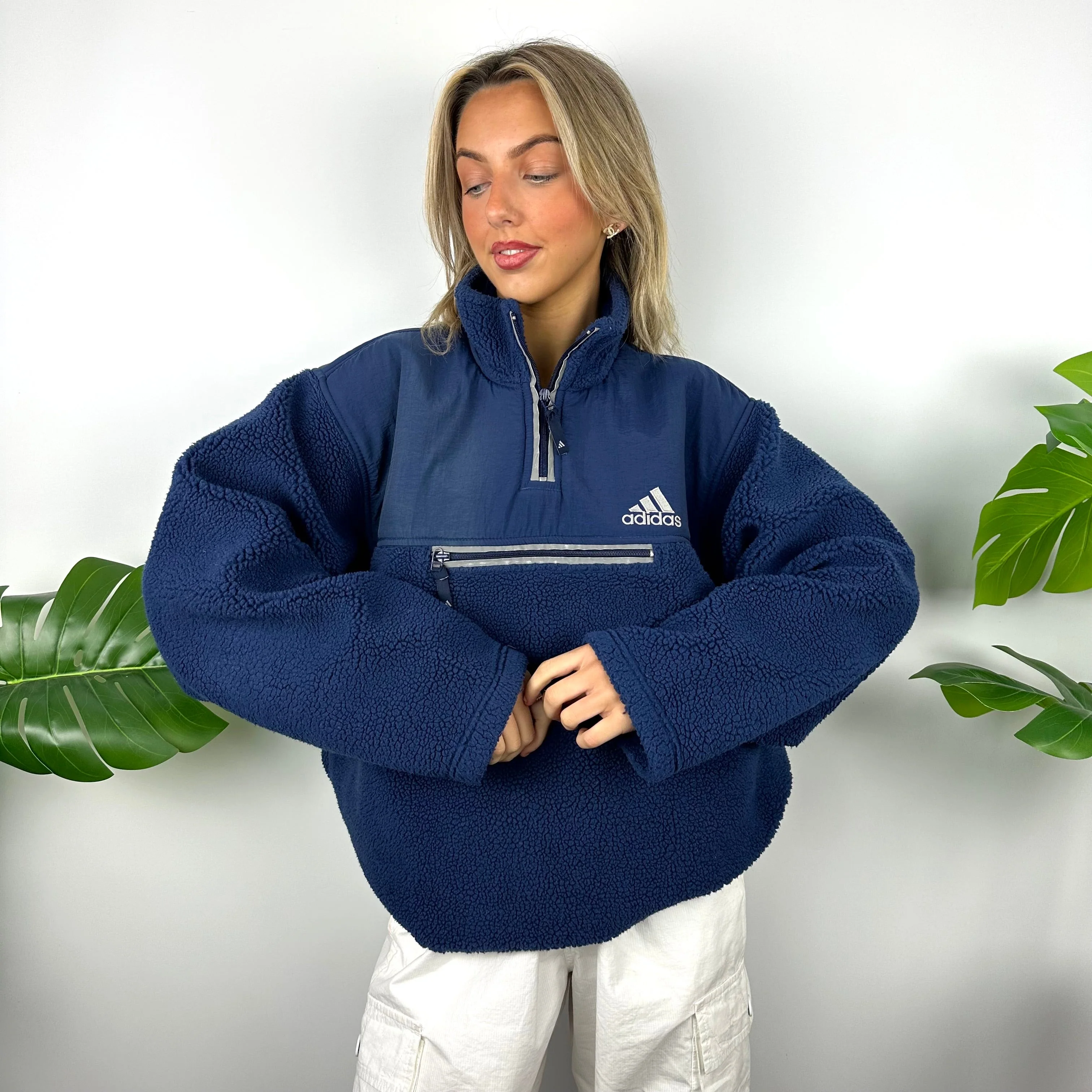 Adidas Navy Embroidered Spell Out Teddy Bear Sherpa Fleece Quarter Zip Sweatshirt (XL) - Image 3
