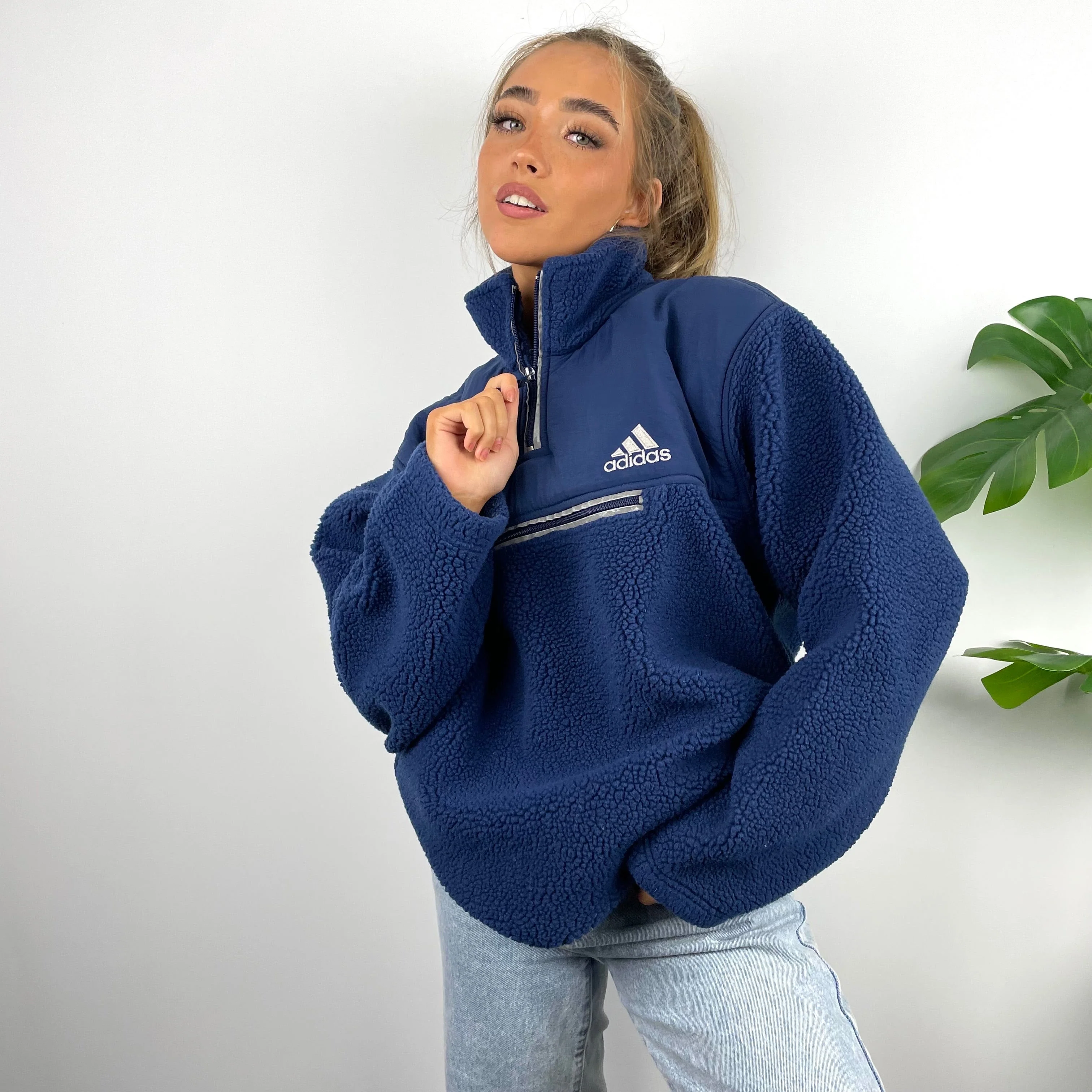 Adidas Navy Embroidered Spell Out Teddy Bear Sherpa Fleece Quarter Zip Sweatshirt (XL) - Image 2