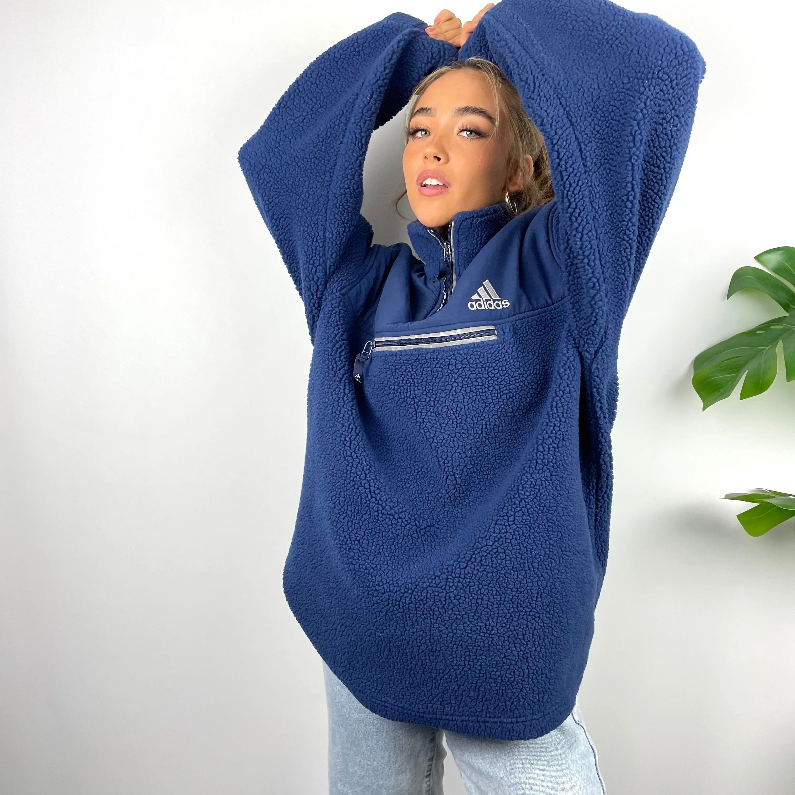 Adidas Navy Embroidered Spell Out Teddy Bear Sherpa Fleece Quarter Zip Sweatshirt (XL) - Image 3