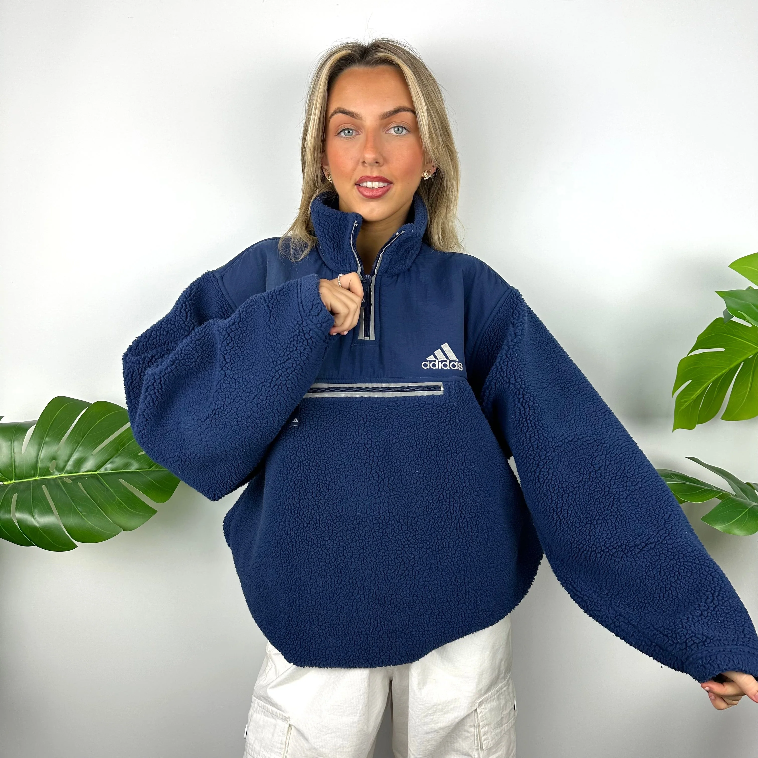 Adidas Navy Embroidered Spell Out Teddy Bear Sherpa Fleece Quarter Zip Sweatshirt (XL) - Image 4