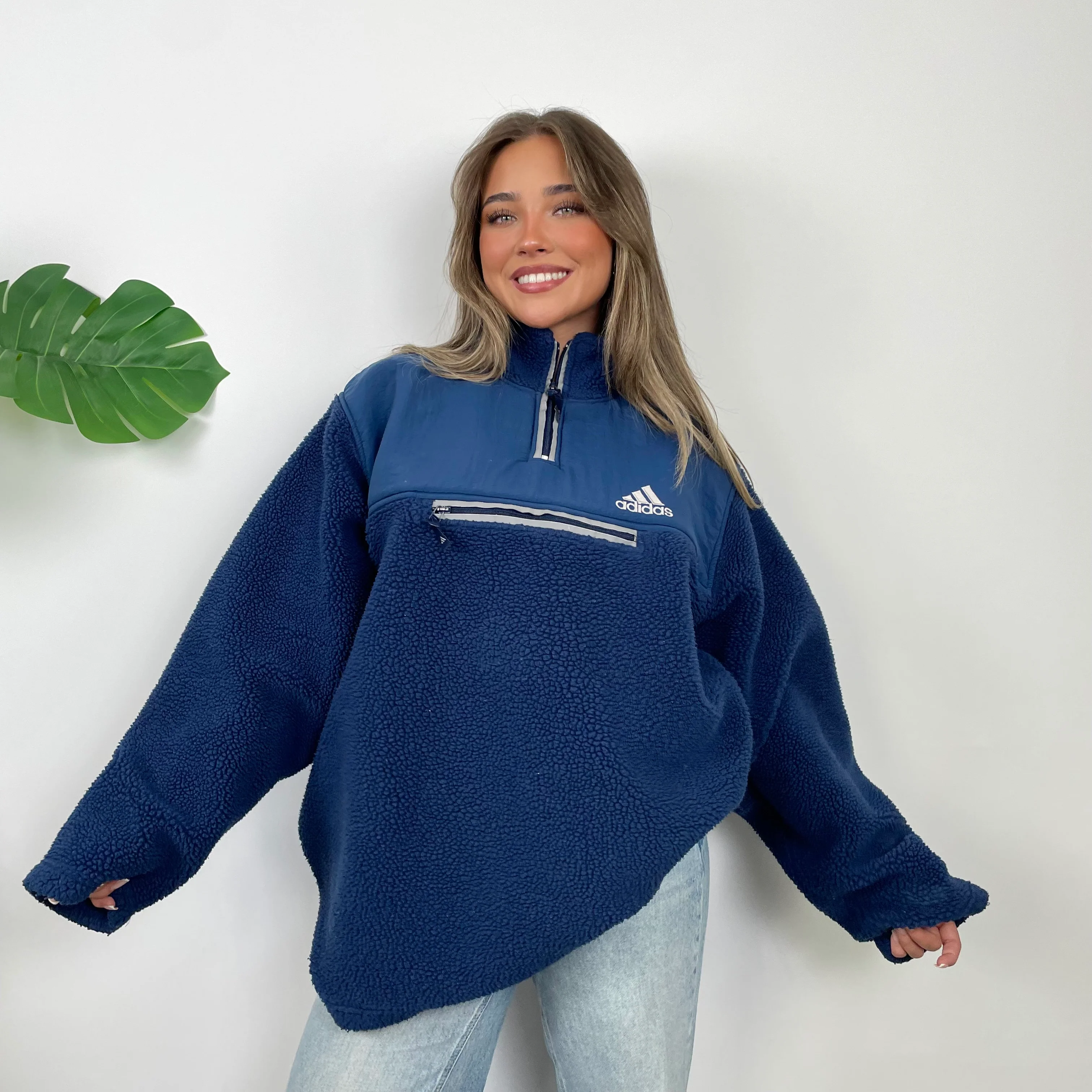 Adidas Navy Embroidered Spell Out Teddy Bear Sherpa Fleece Quarter Zip Sweatshirt (XL) - Image 2