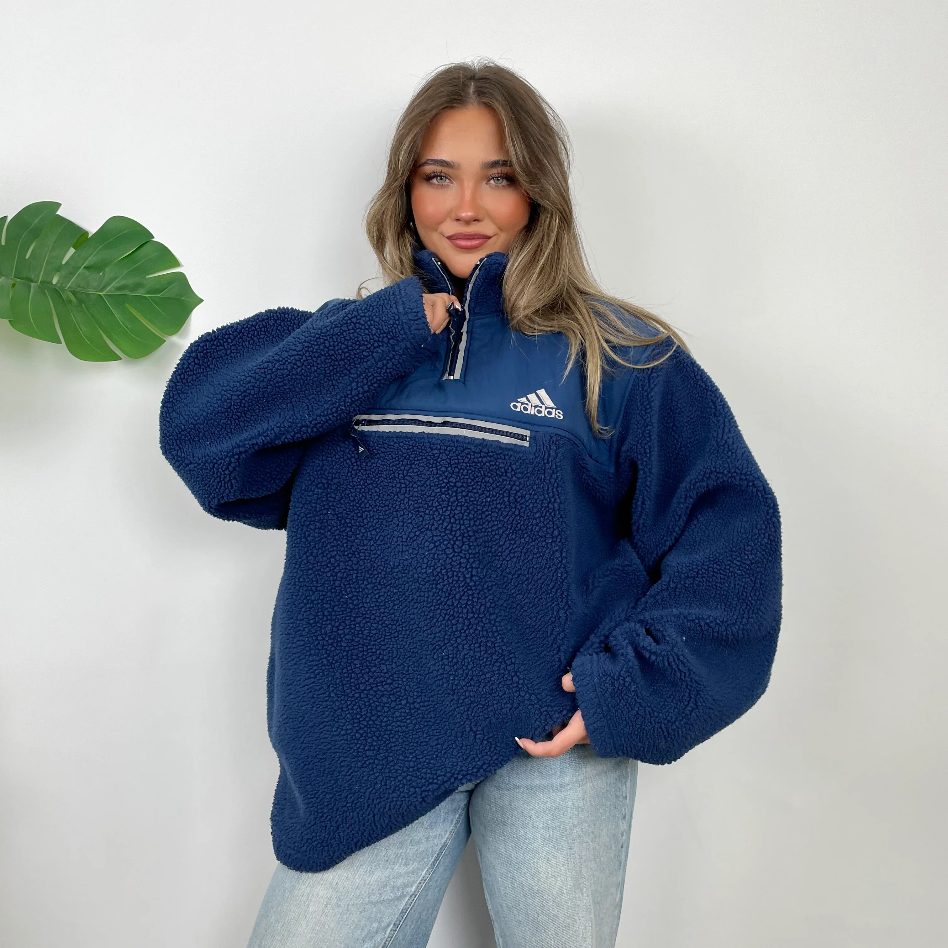 Adidas Navy Embroidered Spell Out Teddy Bear Sherpa Fleece Quarter Zip Sweatshirt (XL) - Image 3