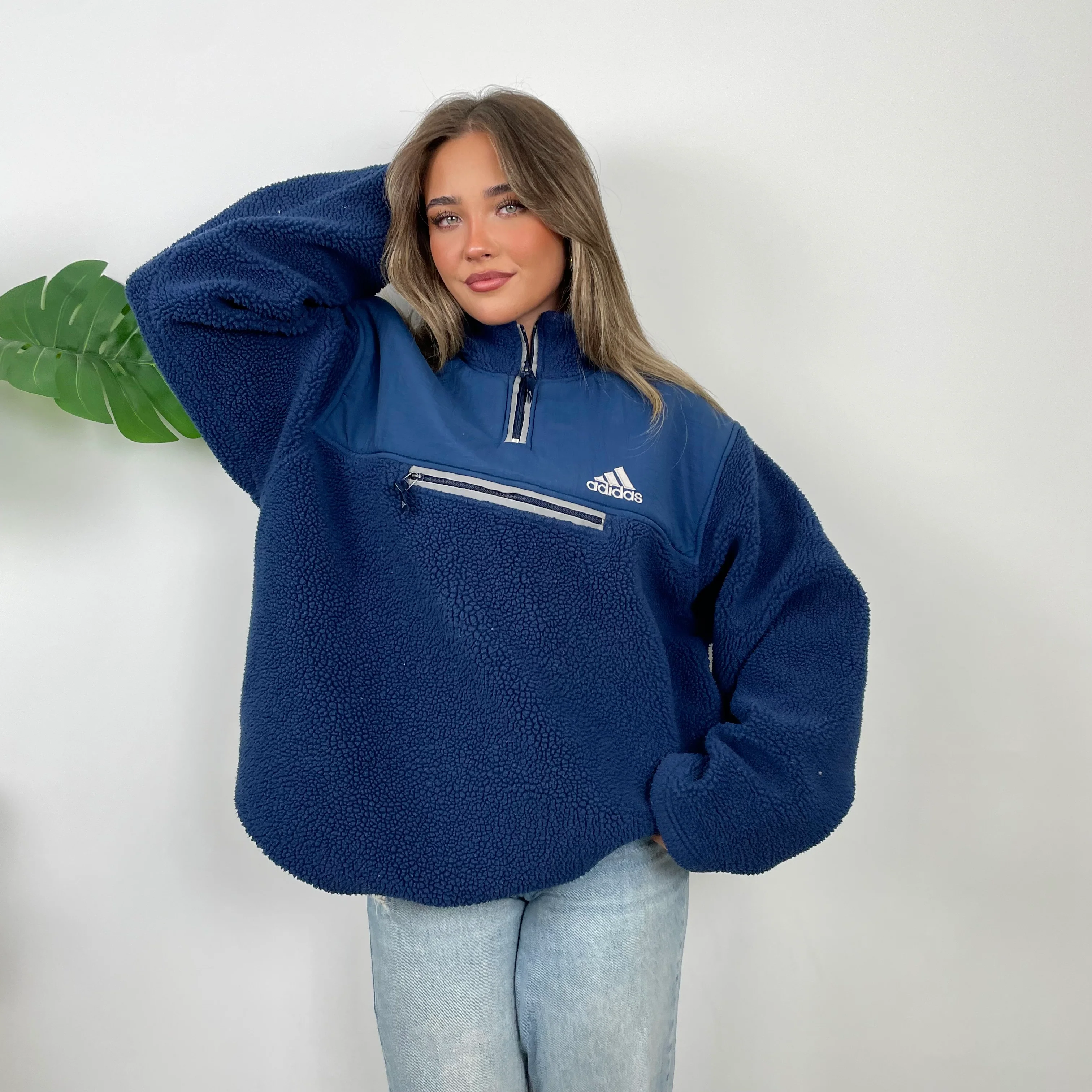 Adidas Navy Embroidered Spell Out Teddy Bear Sherpa Fleece Quarter Zip Sweatshirt (XL) - Image 4