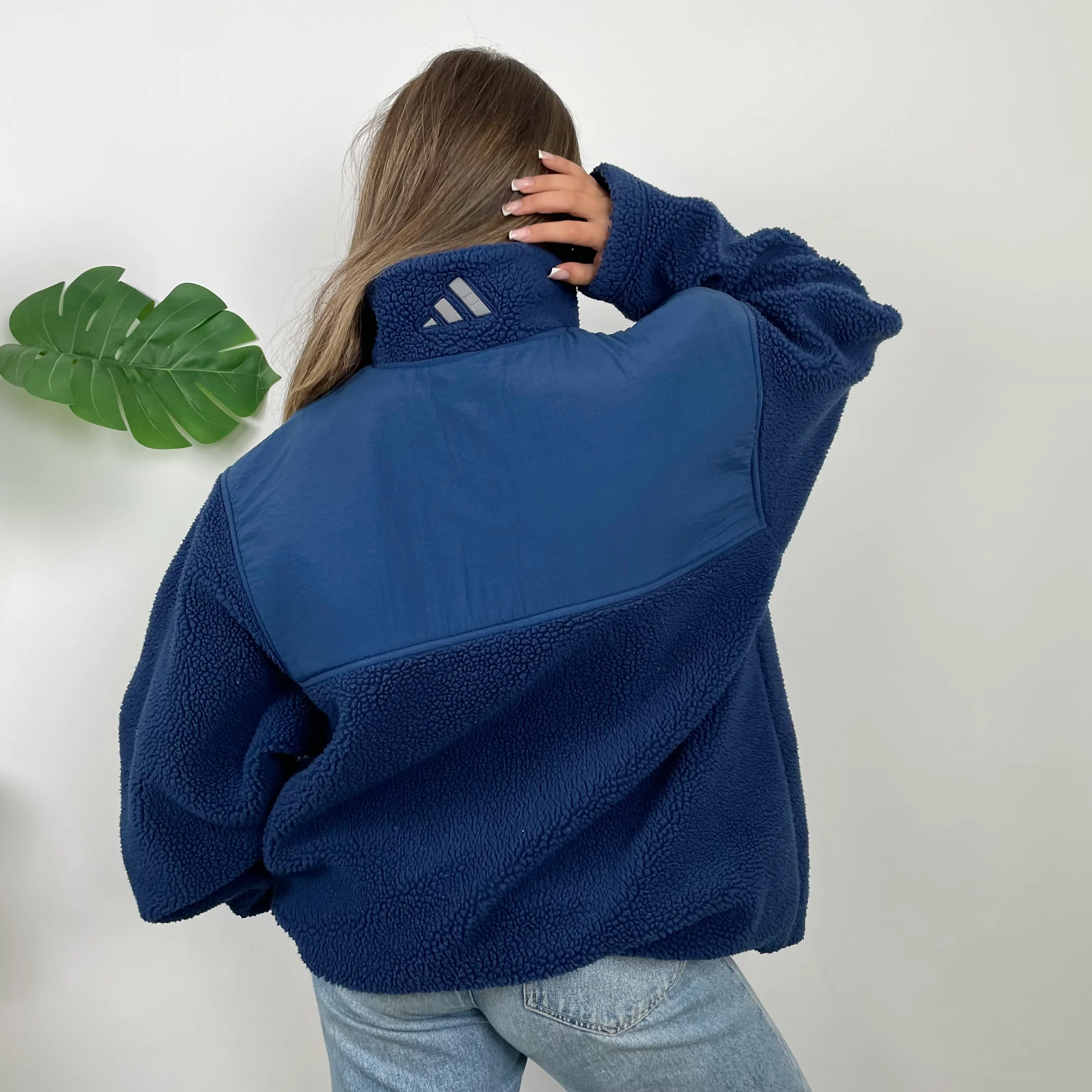 Adidas Navy Embroidered Spell Out Teddy Bear Sherpa Fleece Quarter Zip Sweatshirt (XL) - Image 5