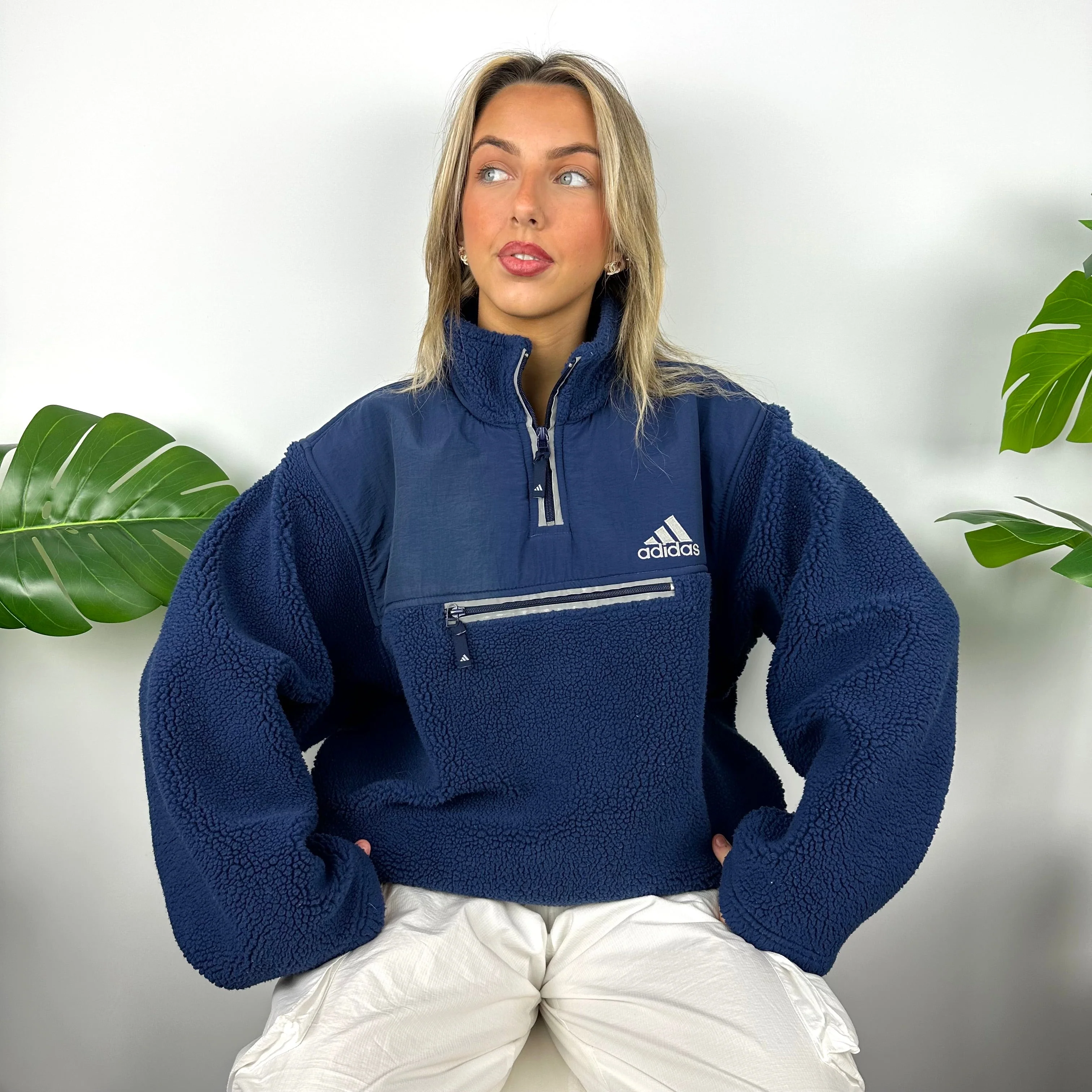 Adidas Navy Embroidered Spell Out Teddy Bear Sherpa Fleece Quarter Zip Sweatshirt (XL) - Image 6