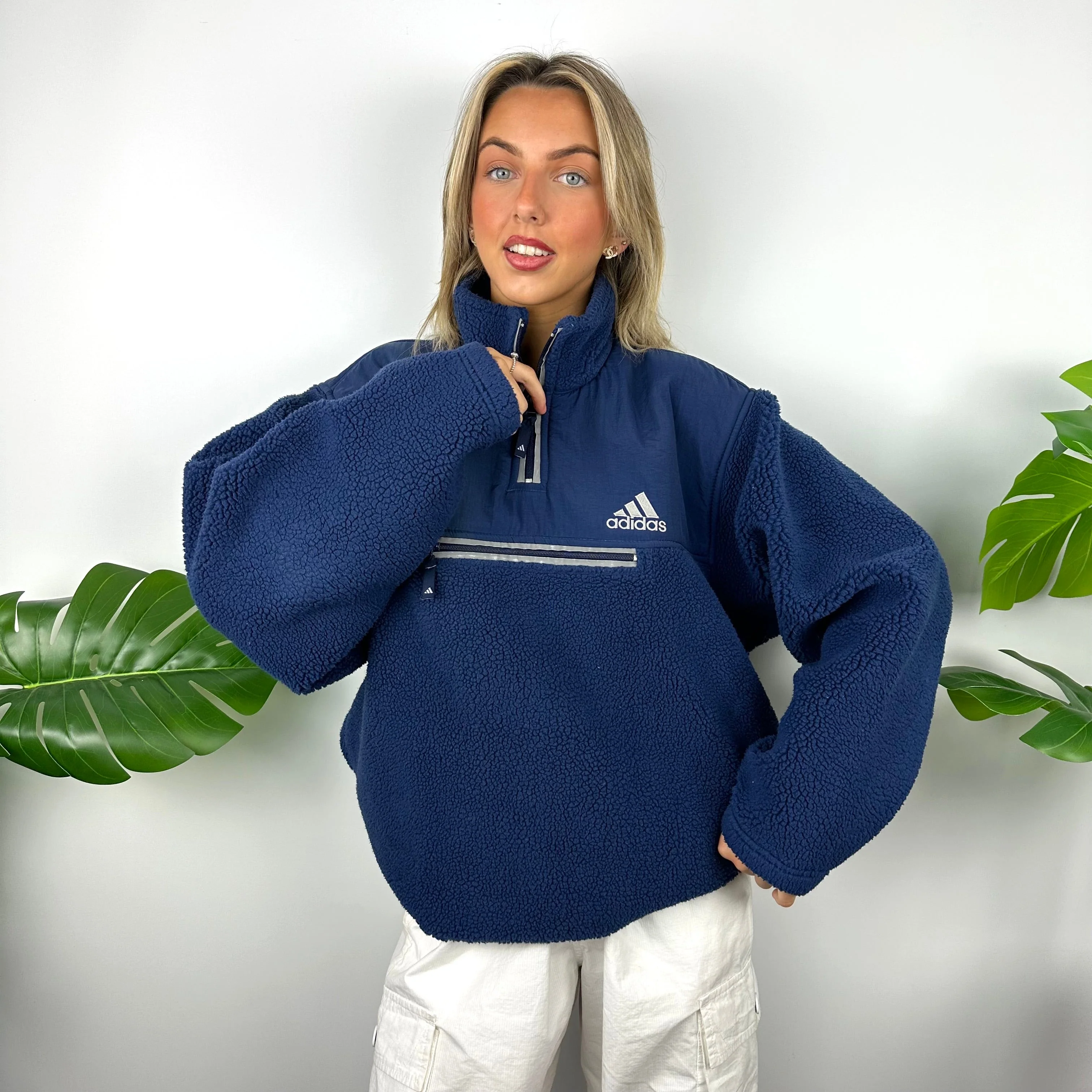 Adidas Navy Embroidered Spell Out Teddy Bear Sherpa Fleece Quarter Zip Sweatshirt (XL) - Image 8