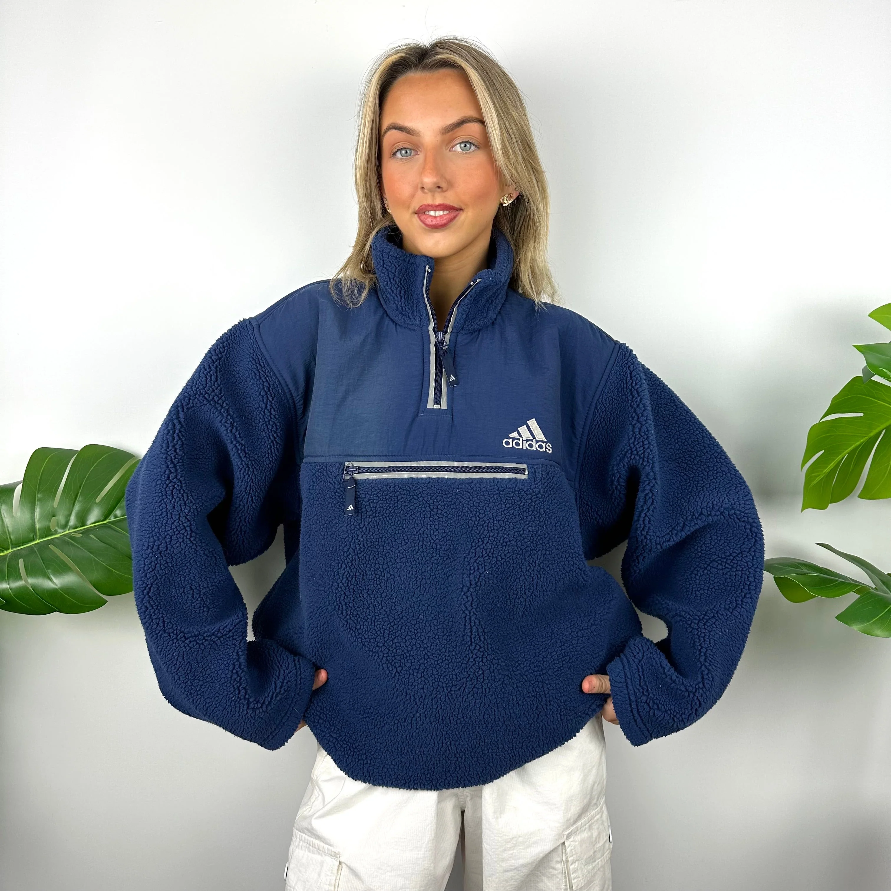Adidas Navy Embroidered Spell Out Teddy Bear Sherpa Fleece Quarter Zip Sweatshirt (XL) - Image 9
