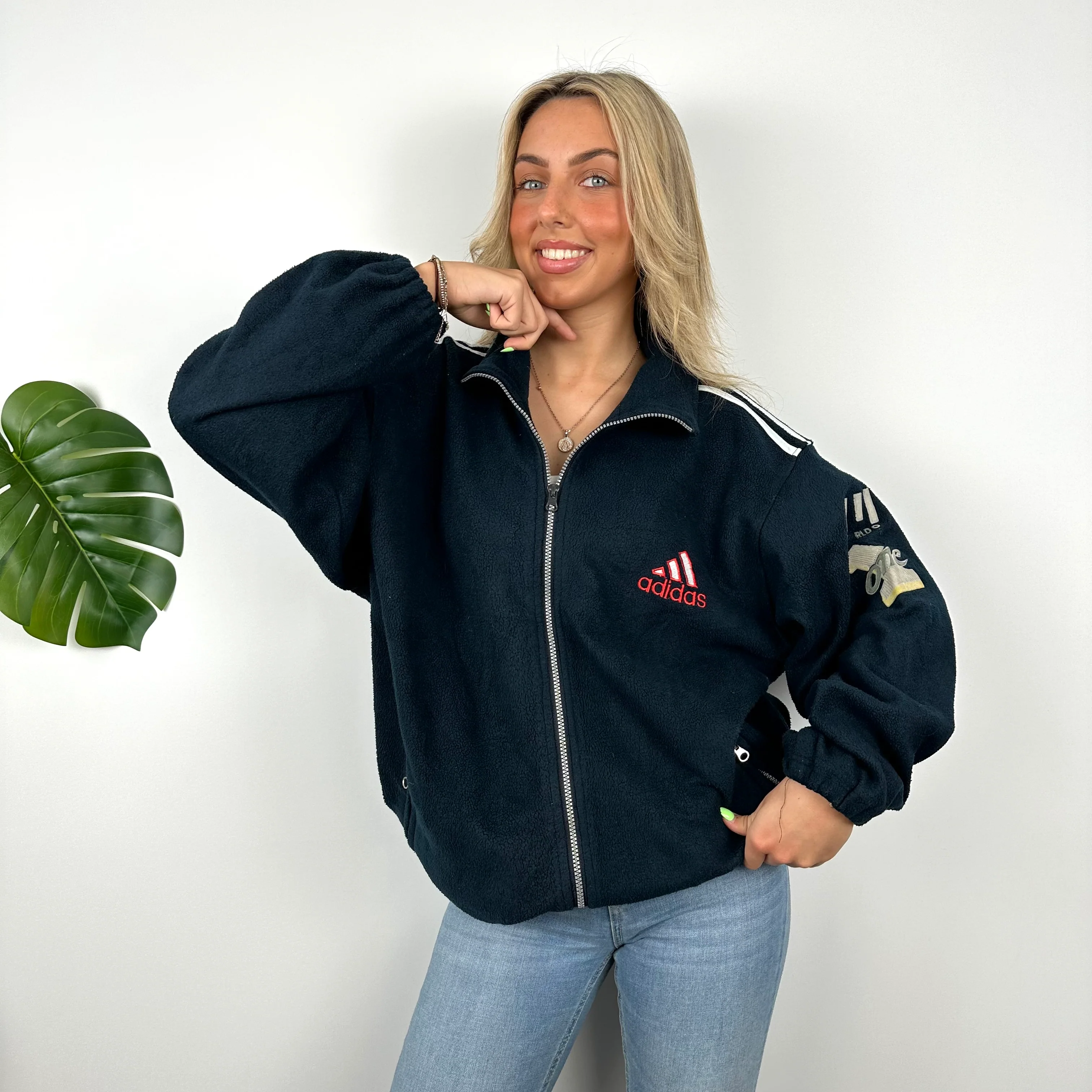 Adidas Navy Embroidered Spell Out Teddy Bear Fleece Zip Up Jacket (L) - Image 3