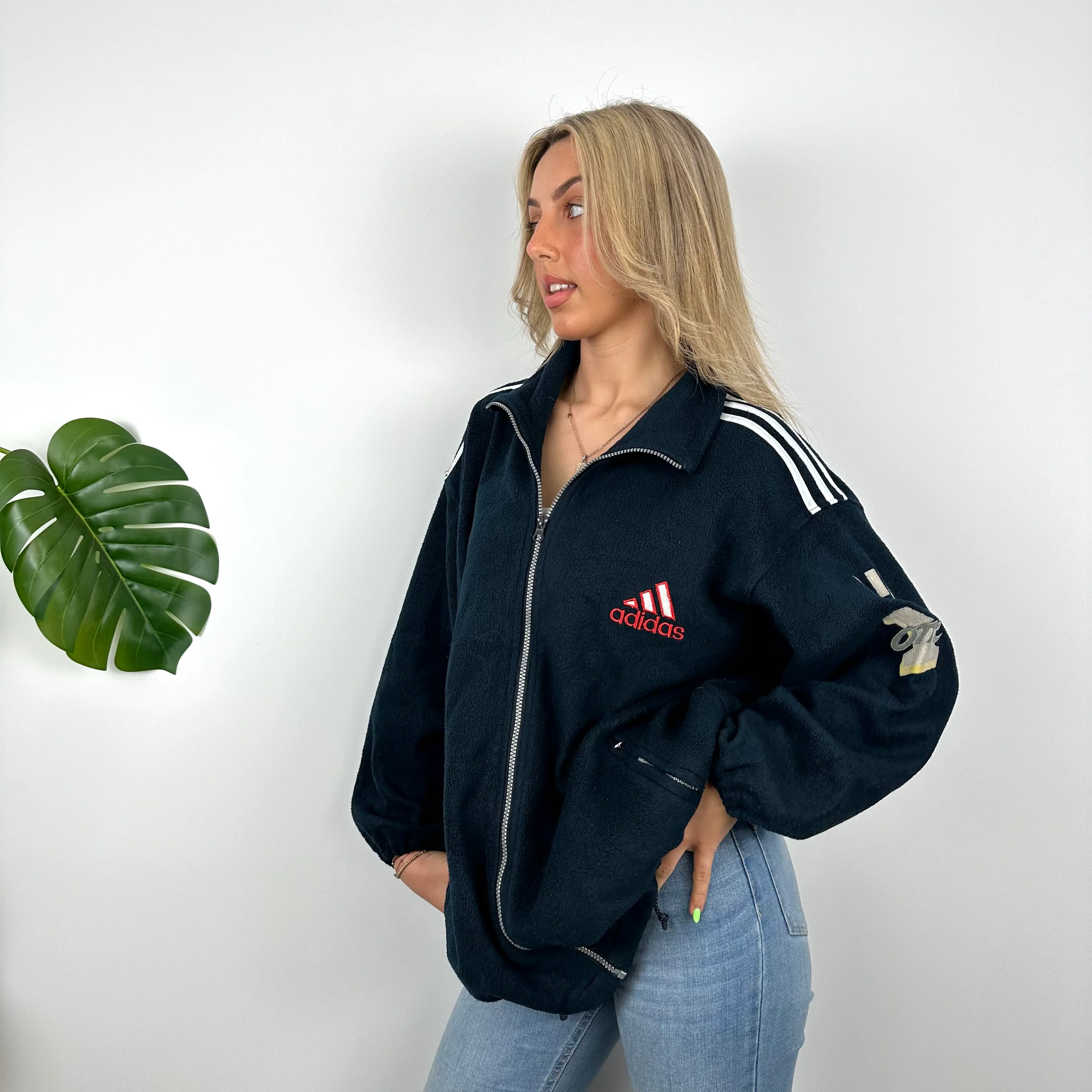 Adidas Navy Embroidered Spell Out Teddy Bear Fleece Zip Up Jacket (L) - Image 4