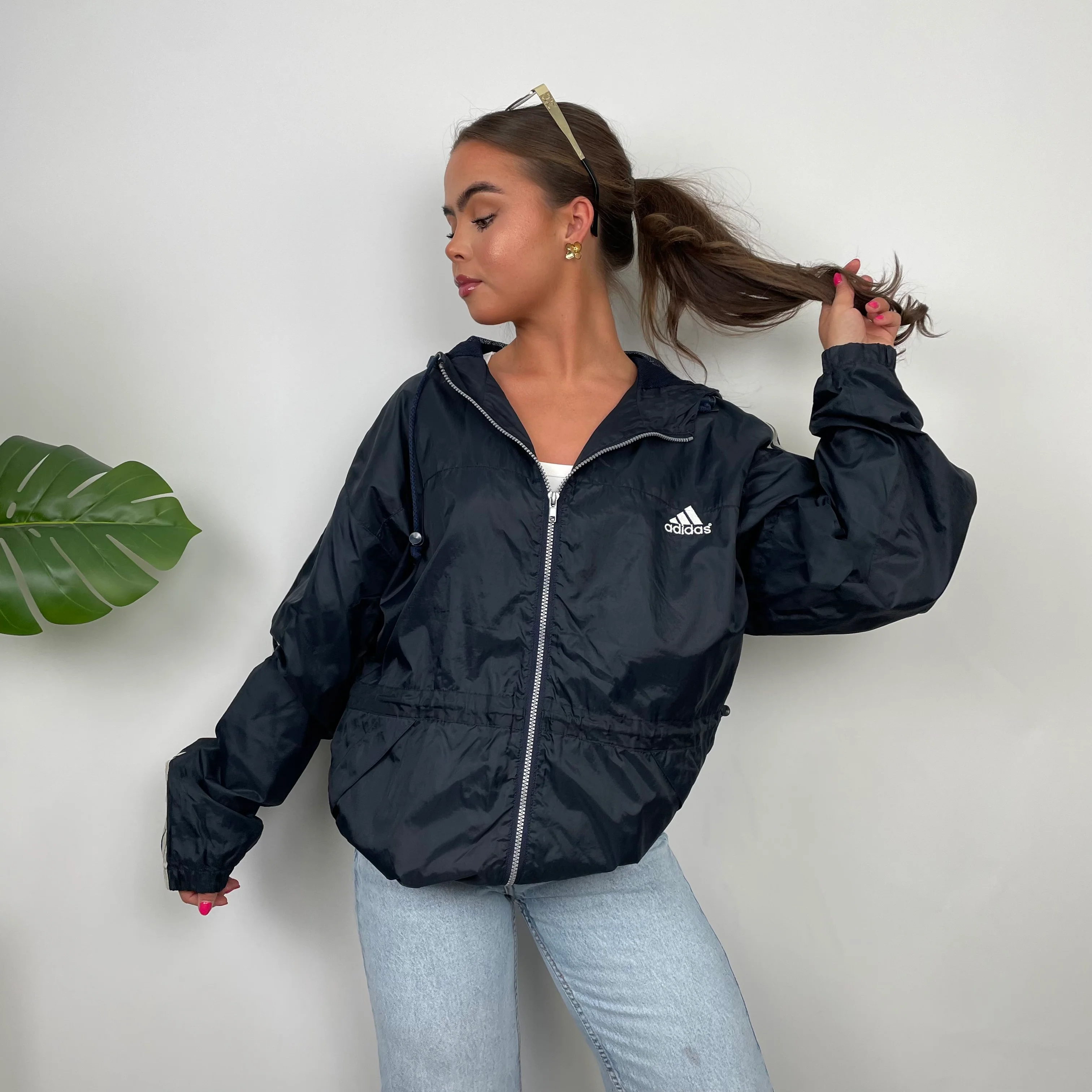 Adidas Navy Embroidered Spell Out Zip Up Windbreaker Jacket (M) - Image 2