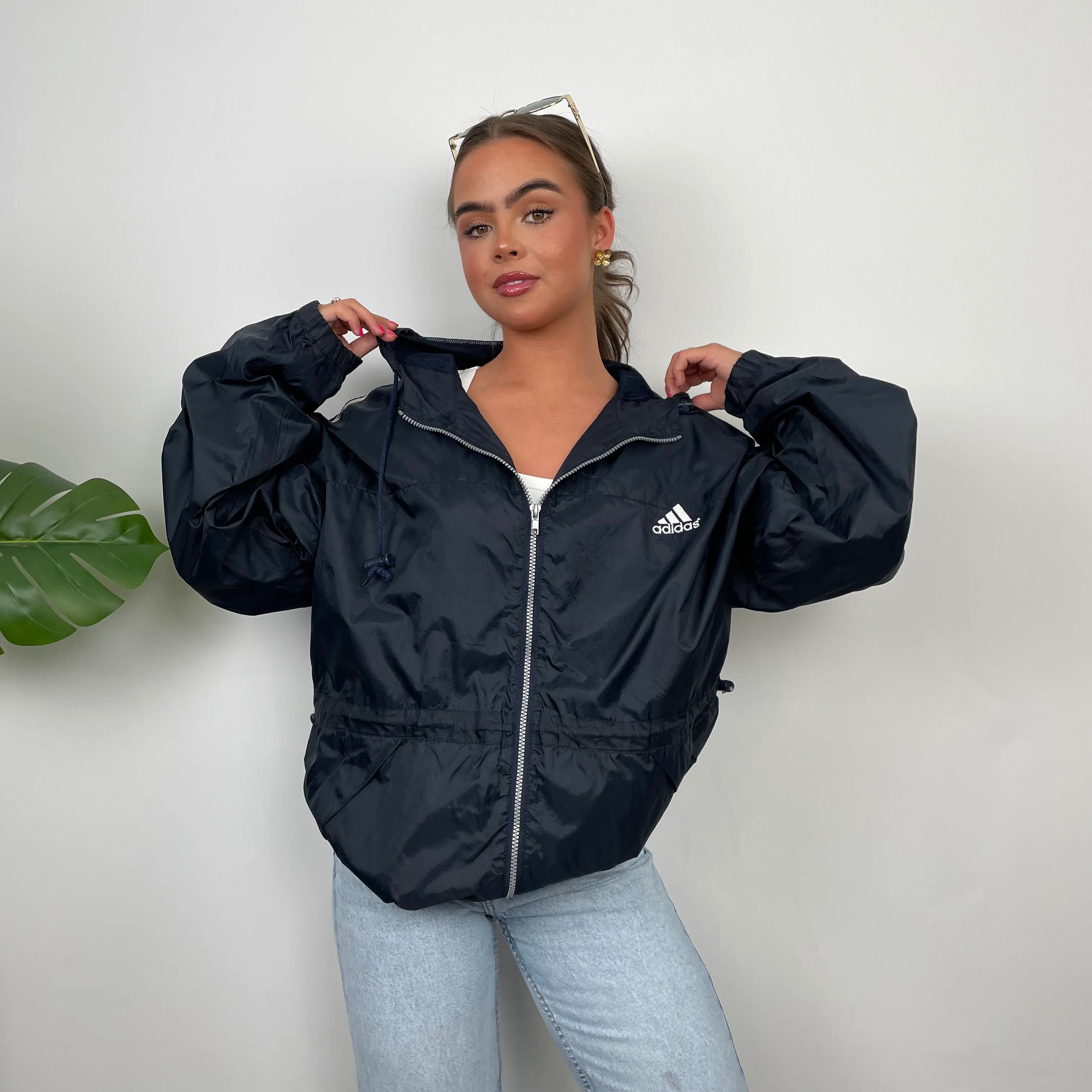 Adidas Navy Embroidered Spell Out Zip Up Windbreaker Jacket (M) - Image 3
