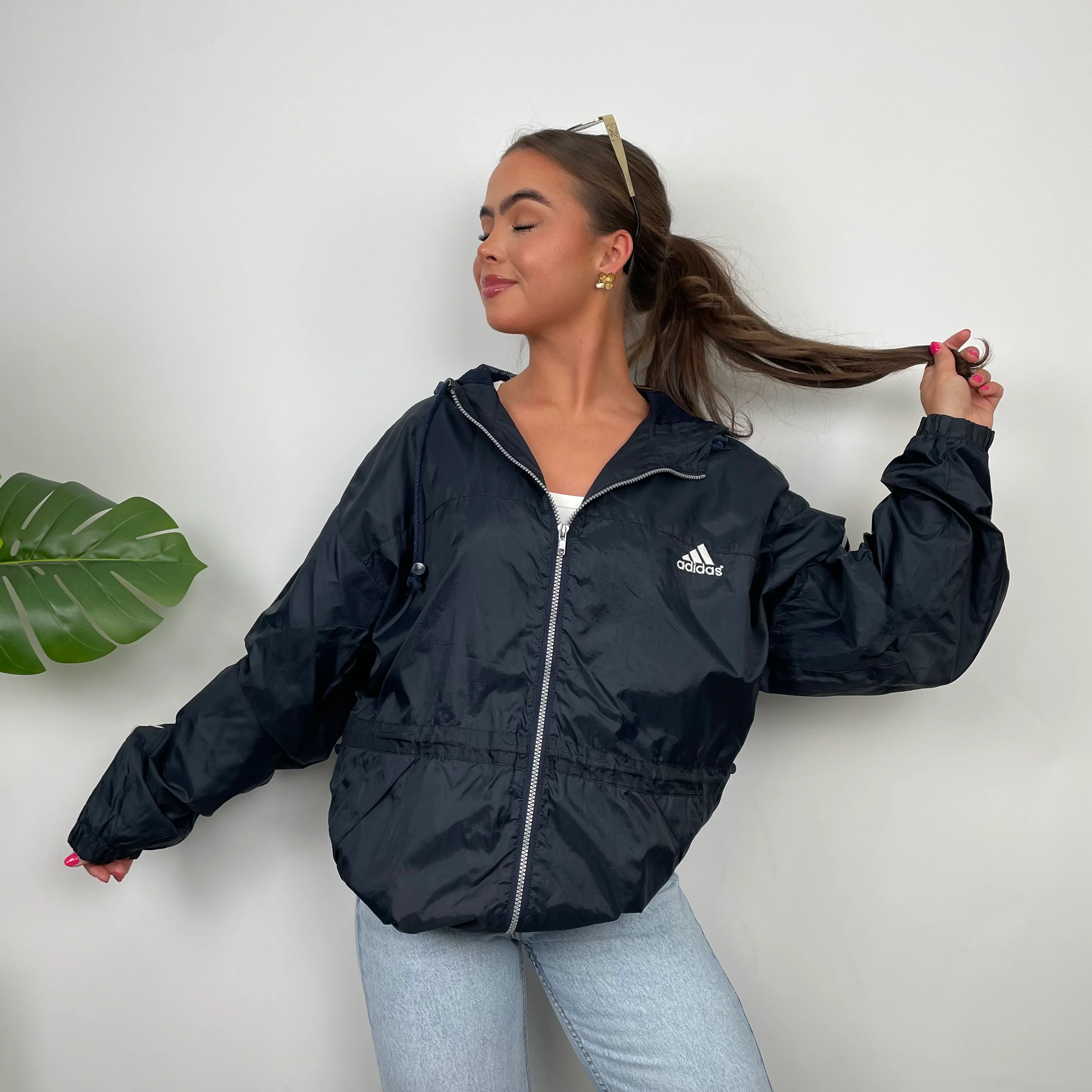 Adidas Navy Embroidered Spell Out Zip Up Windbreaker Jacket (M) - Image 4