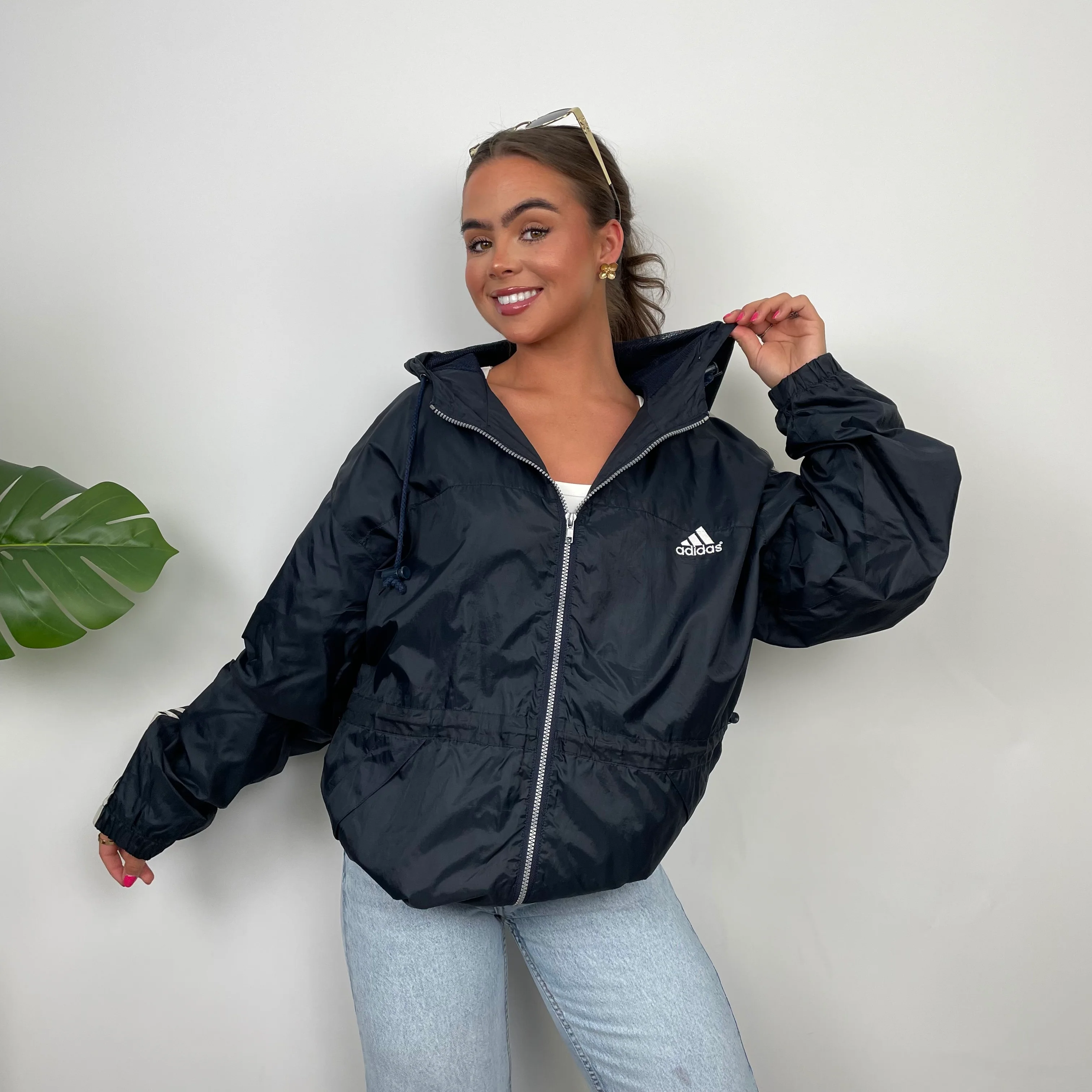 Adidas Navy Embroidered Spell Out Zip Up Windbreaker Jacket (M) - Image 5