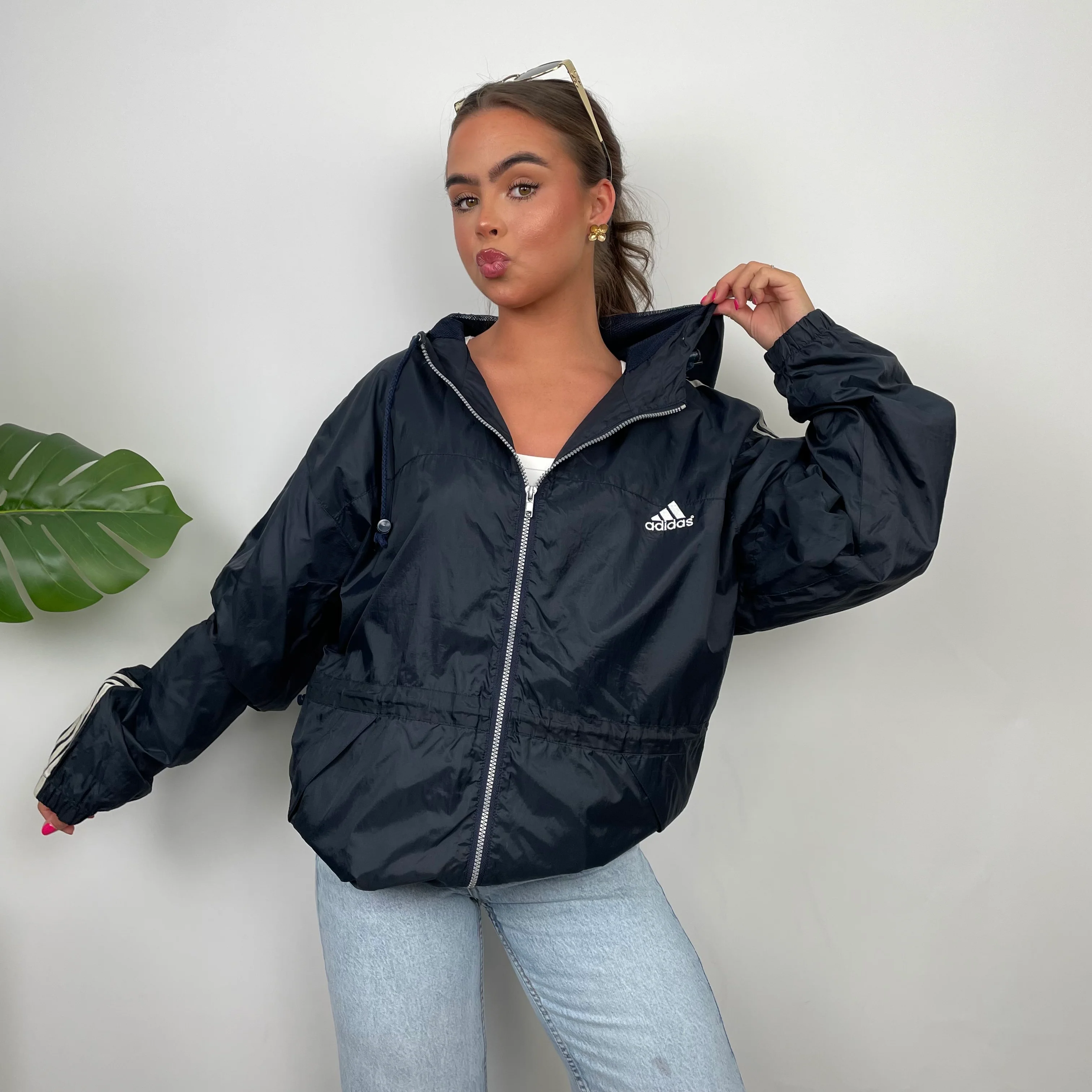 Adidas Navy Embroidered Spell Out Zip Up Windbreaker Jacket (M) - Image 7