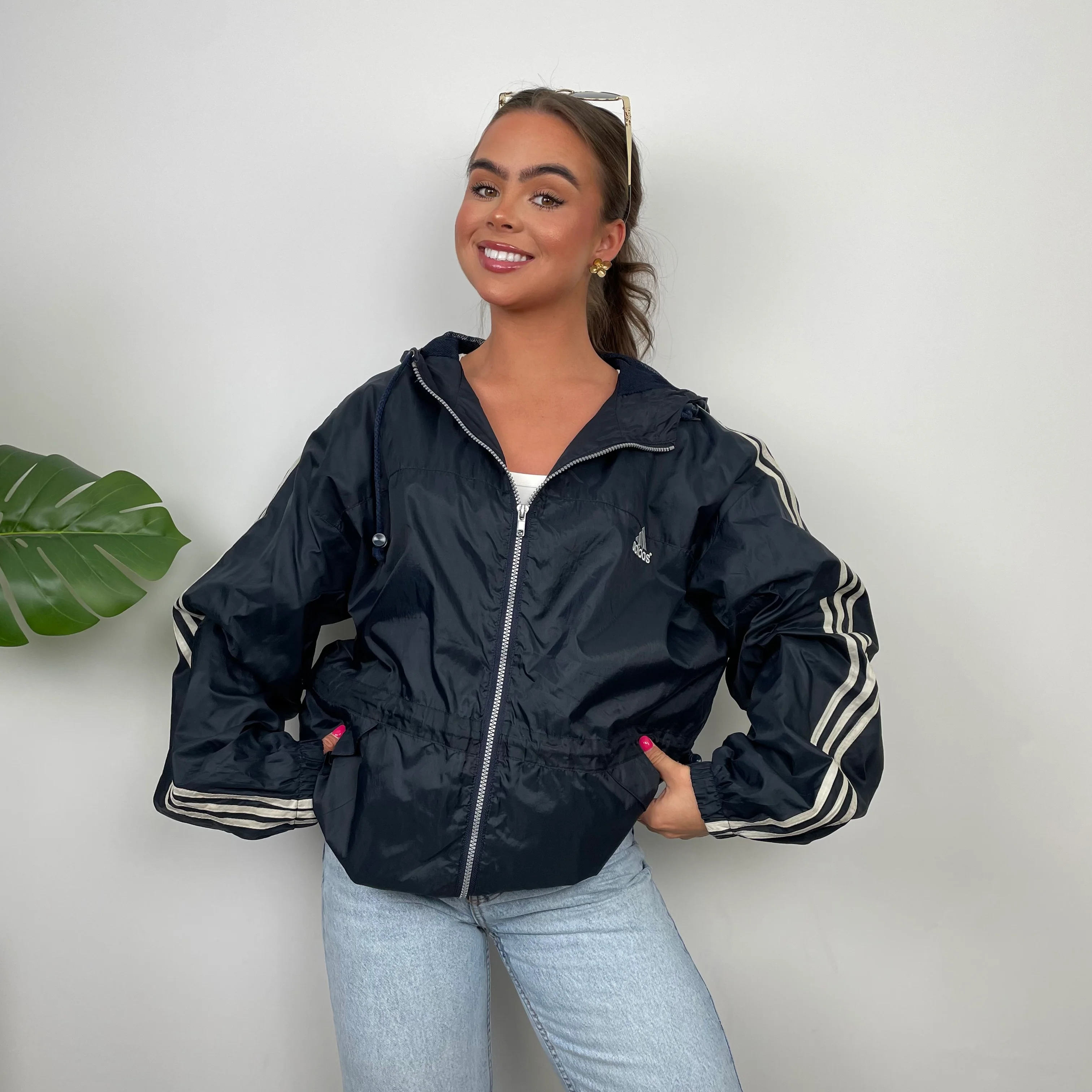 Adidas Navy Embroidered Spell Out Zip Up Windbreaker Jacket (M) - Image 8