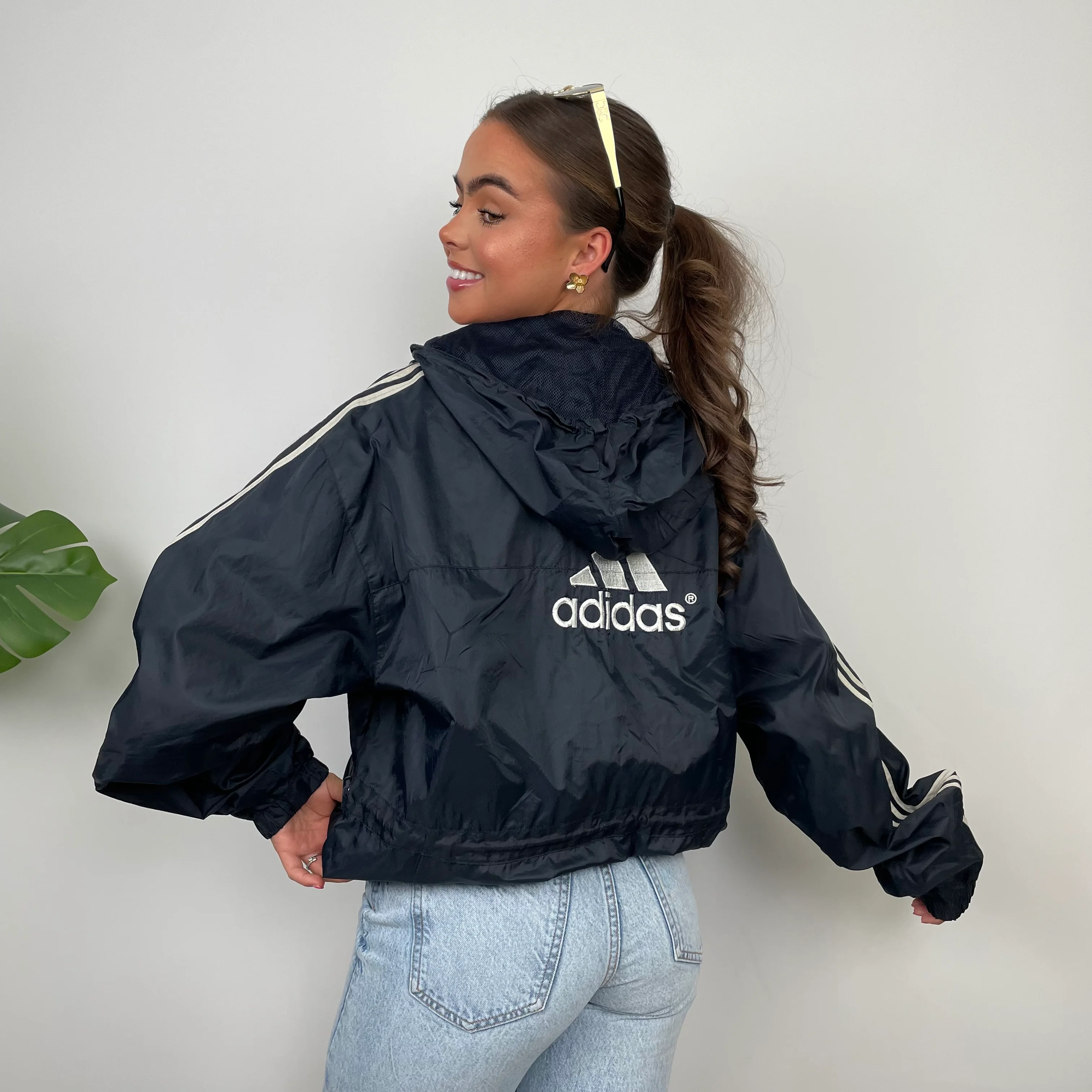 Adidas Navy Embroidered Spell Out Zip Up Windbreaker Jacket (M) - Image 9