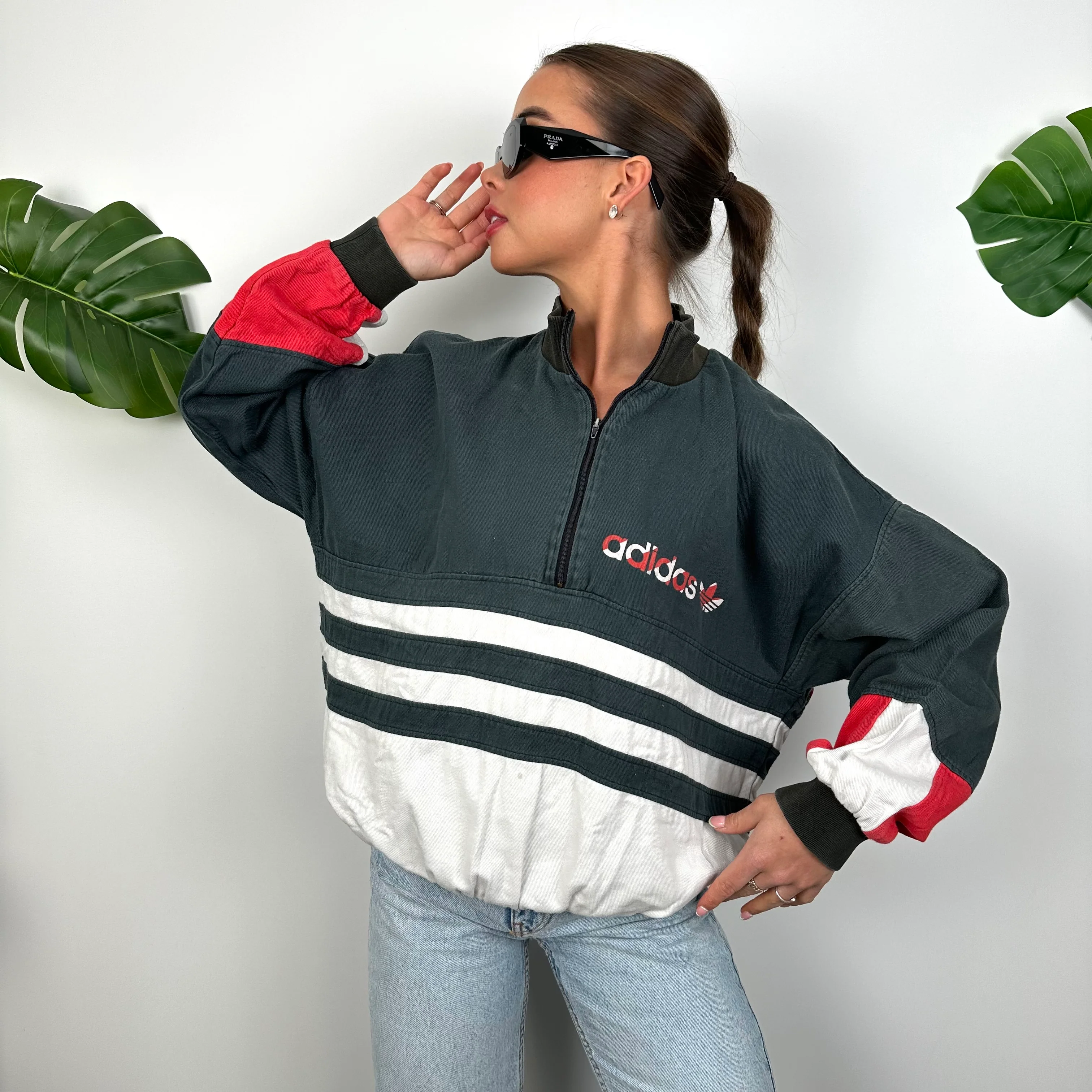Adidas Grey Colour Block Spell Out Quarter Zip Sweatshirt (M) - Image 6