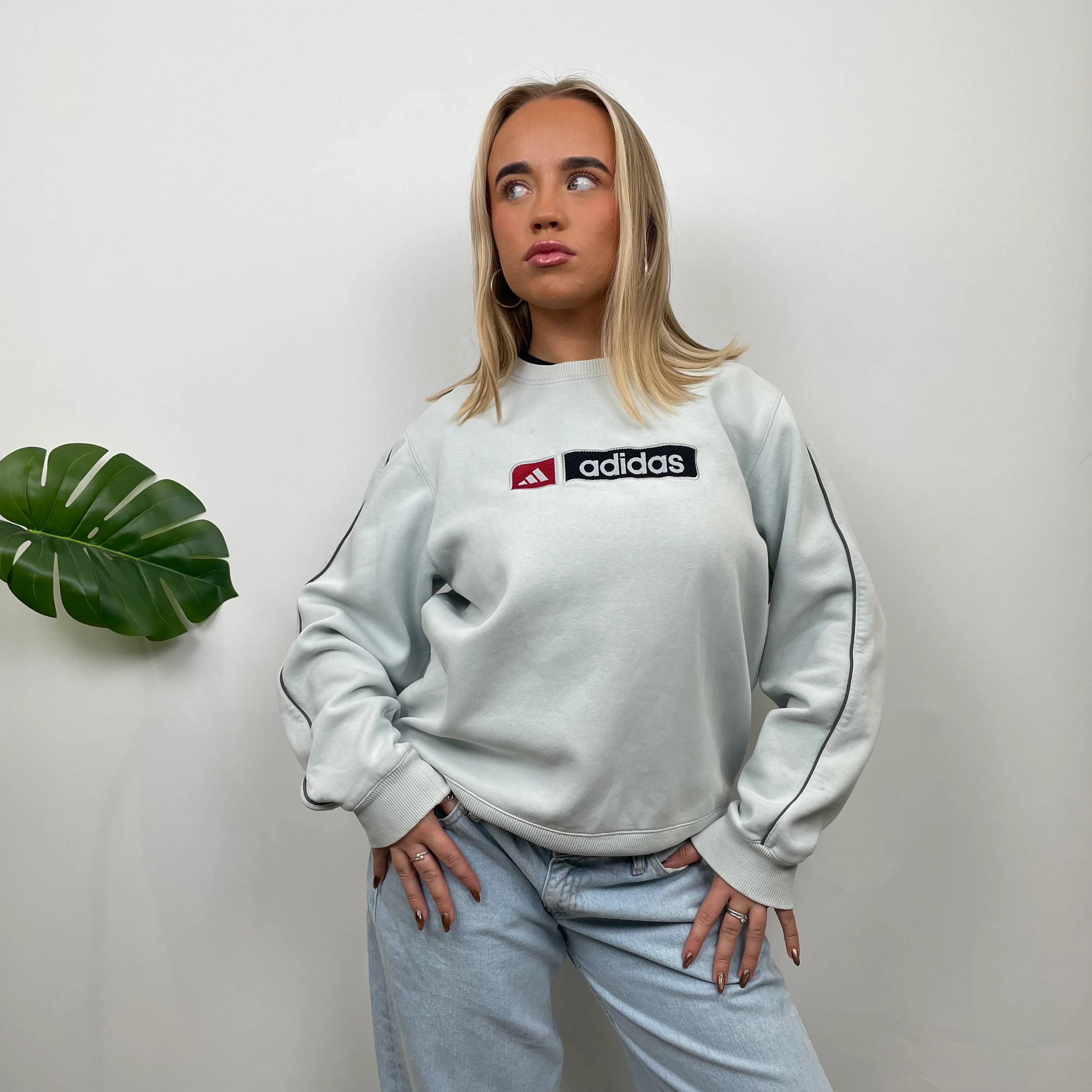 Adidas RARE Baby Blue Embroidered Spell Out Sweatshirt (M) - Image 4