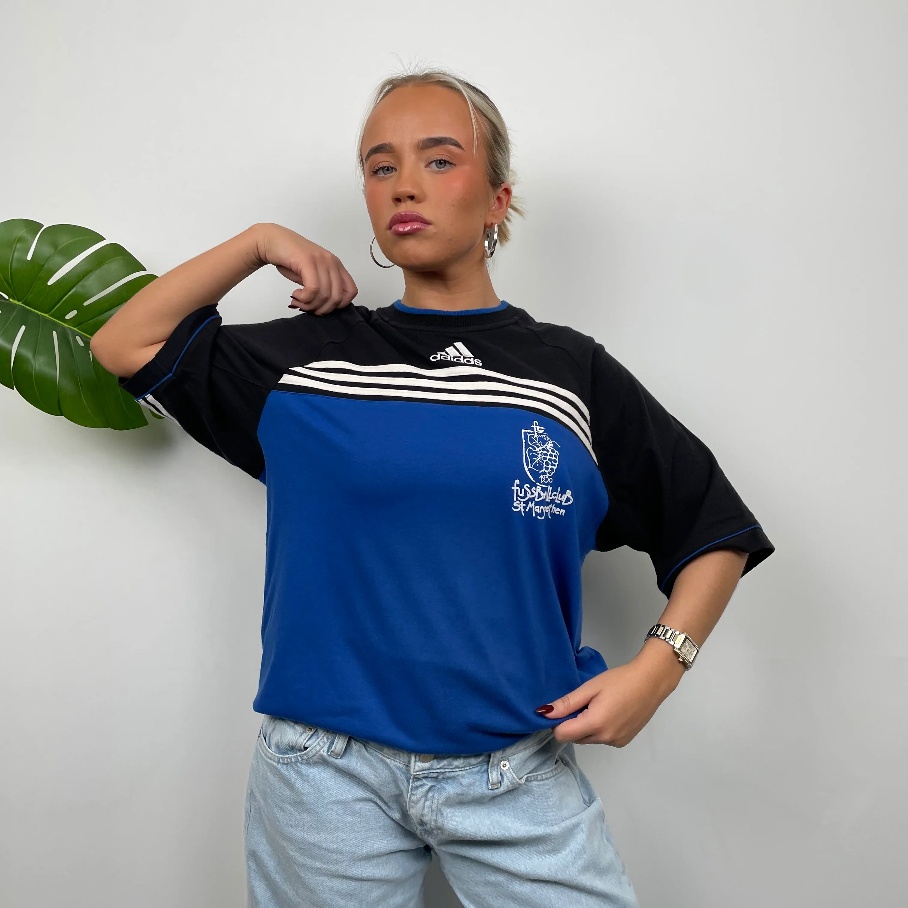 Adidas RARE Black & Blue Embroidered Spell Out T Shirt (L) - Image 2