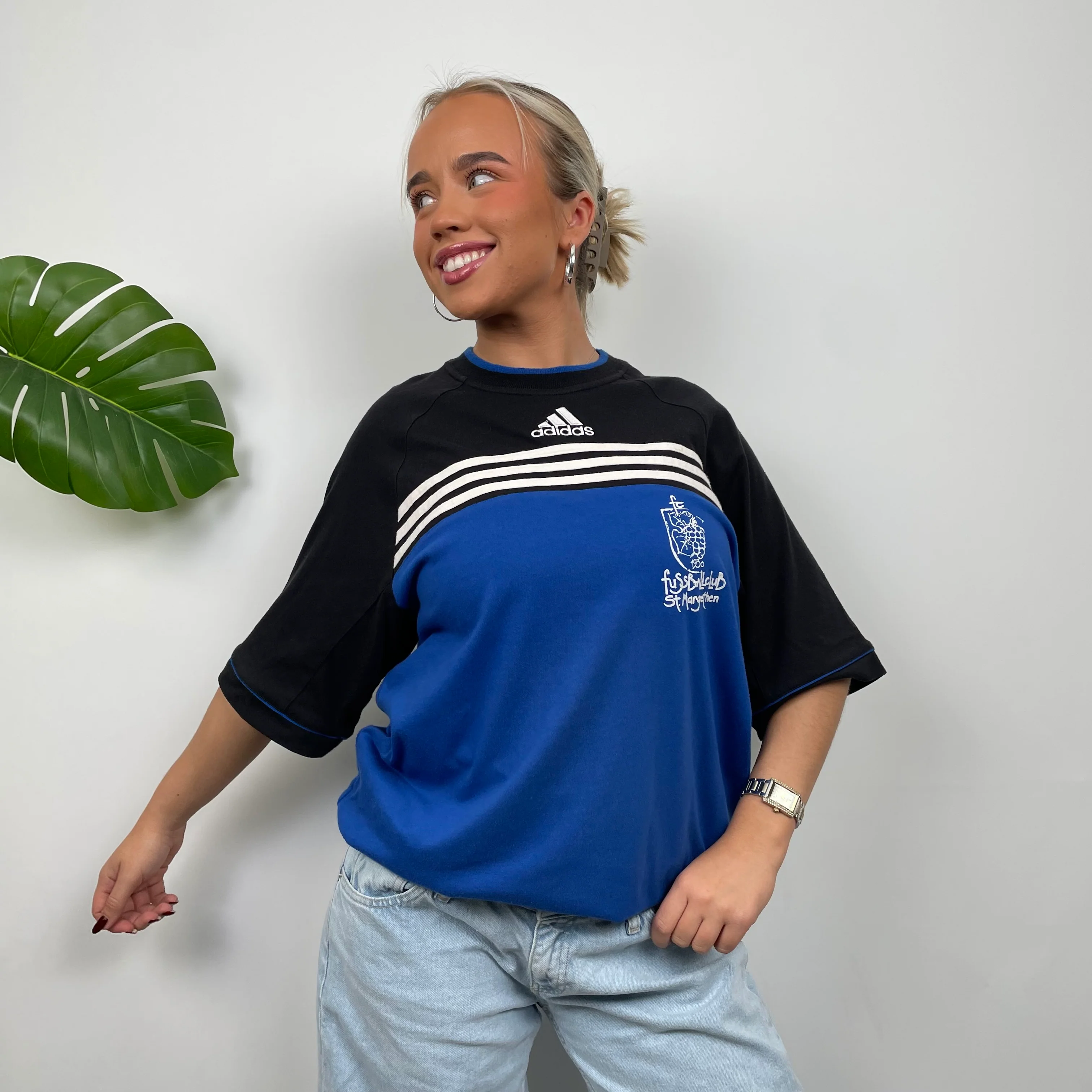 Adidas RARE Black & Blue Embroidered Spell Out T Shirt (L) - Image 3