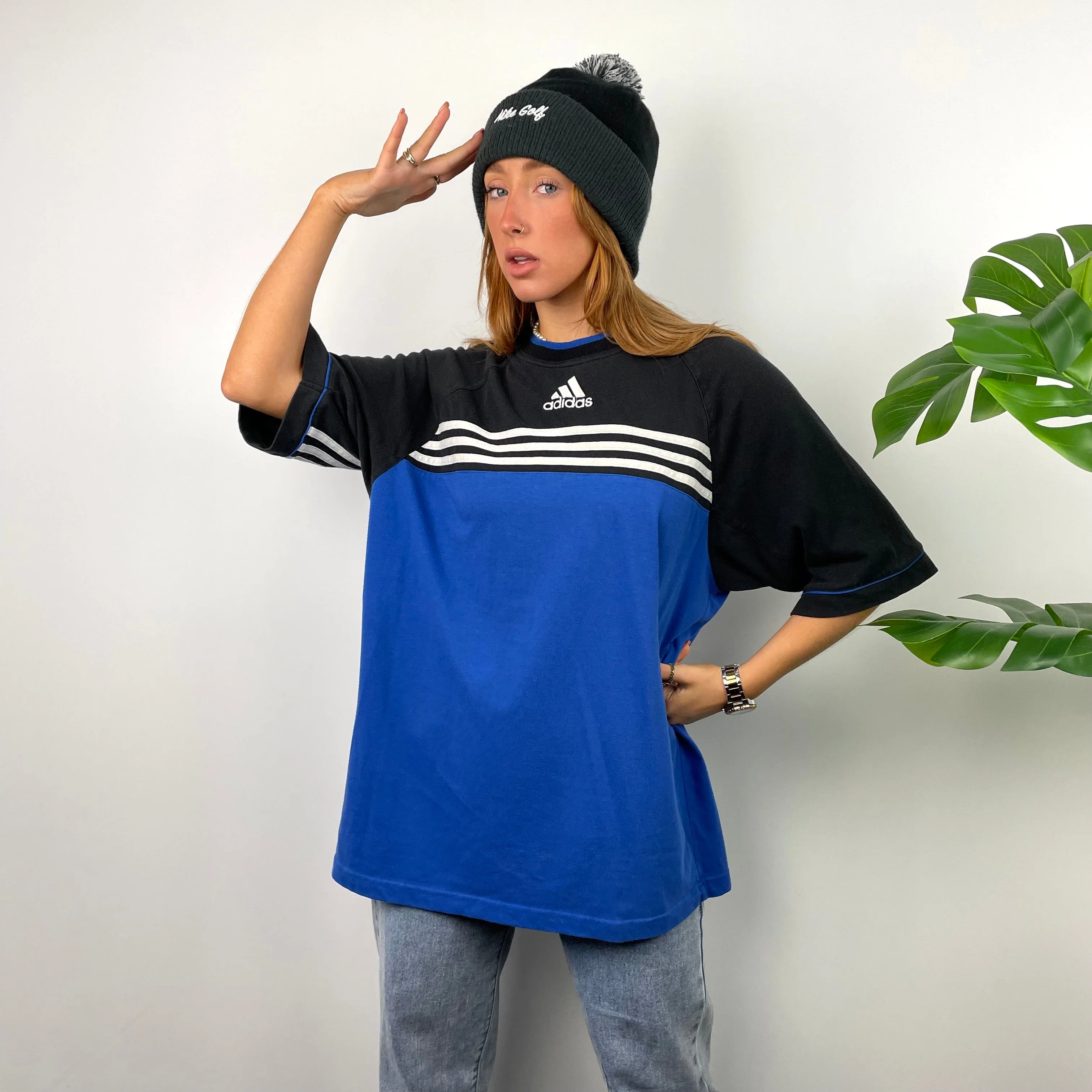 Adidas RARE Black & Blue Embroidered Spell Out T Shirt (M) - Image 3