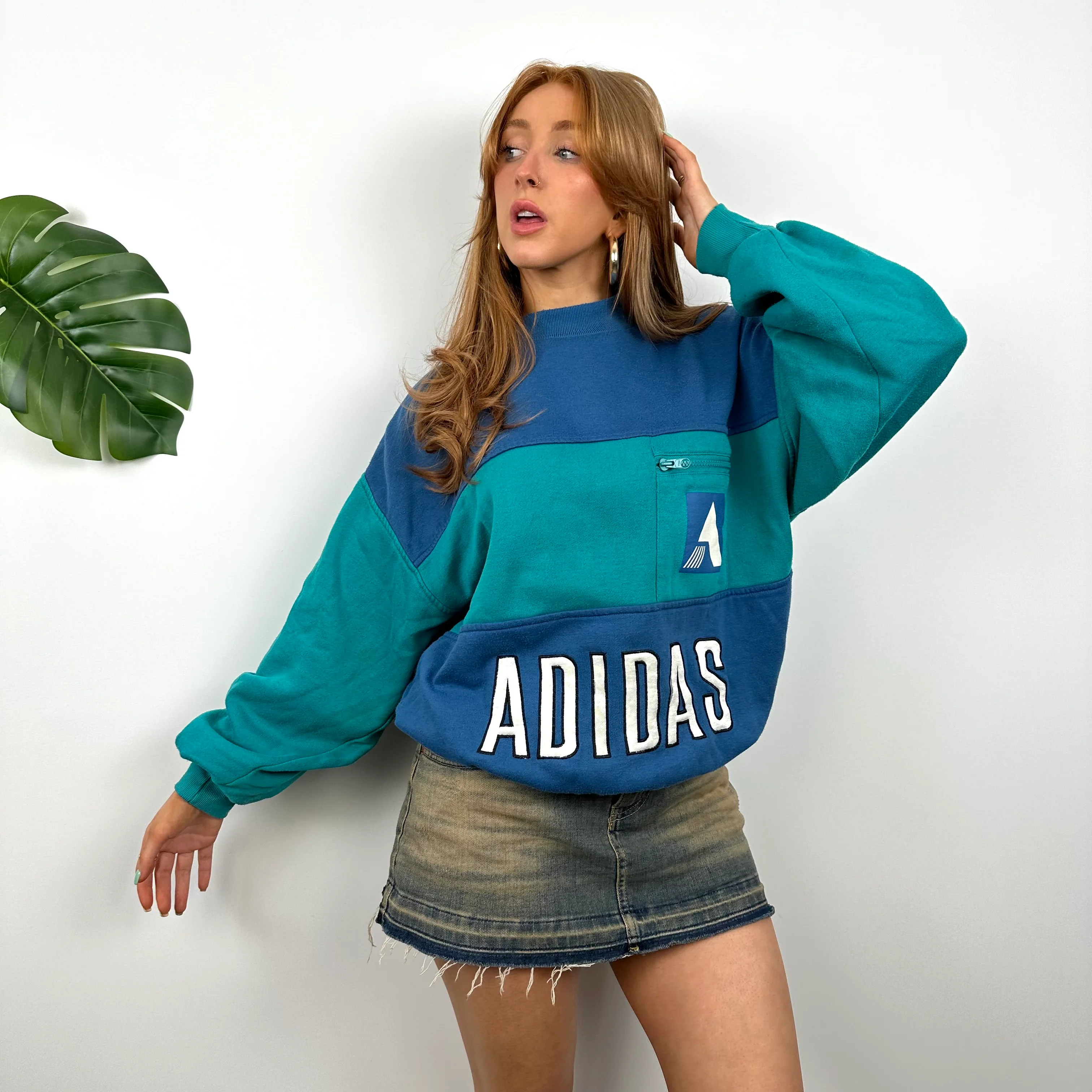 Adidas RARE Blue & Turquoise Blue Colour Block Embroidered Spell Out Sweatshirt (S) - Image 5