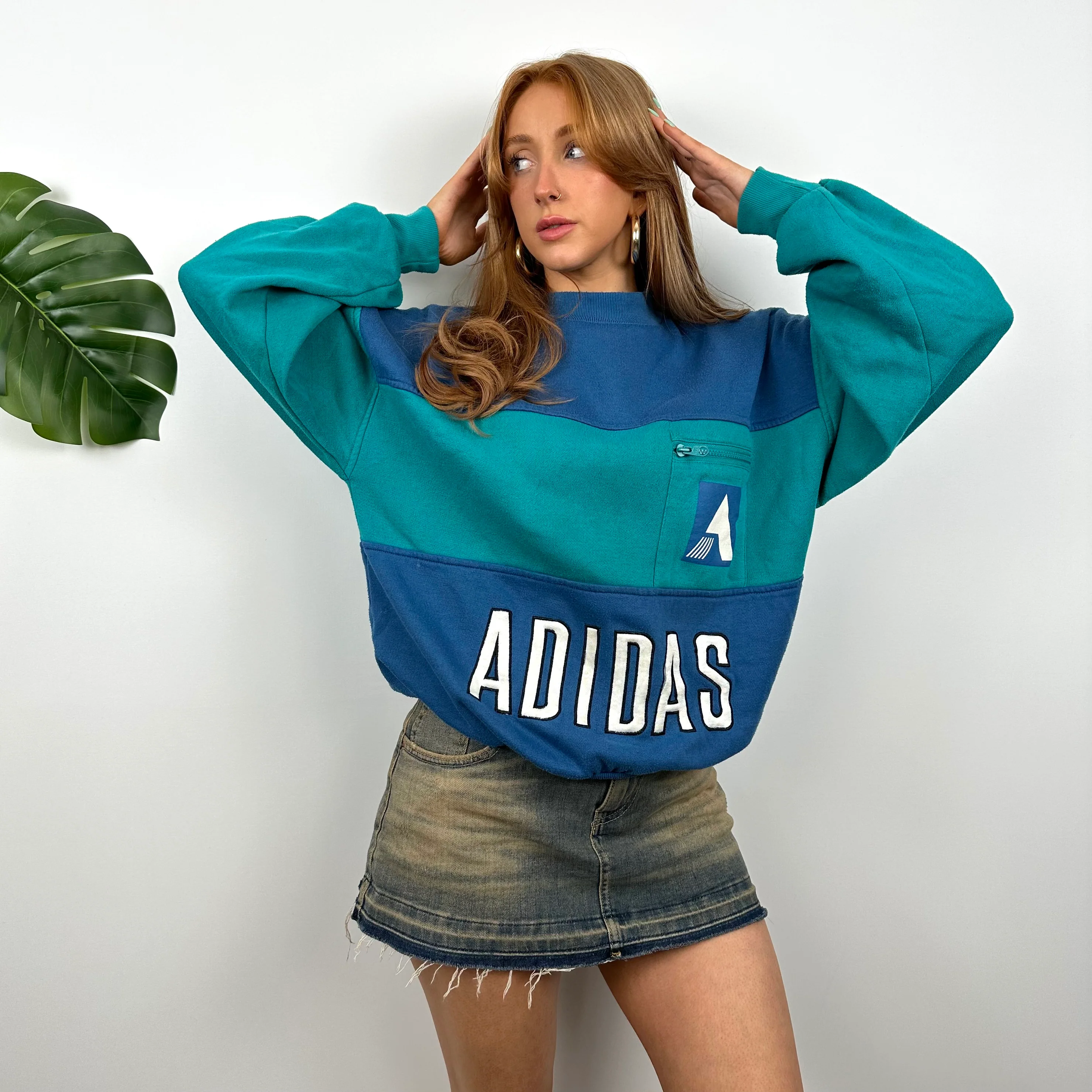 Adidas RARE Blue & Turquoise Blue Colour Block Embroidered Spell Out Sweatshirt (S) - Image 6