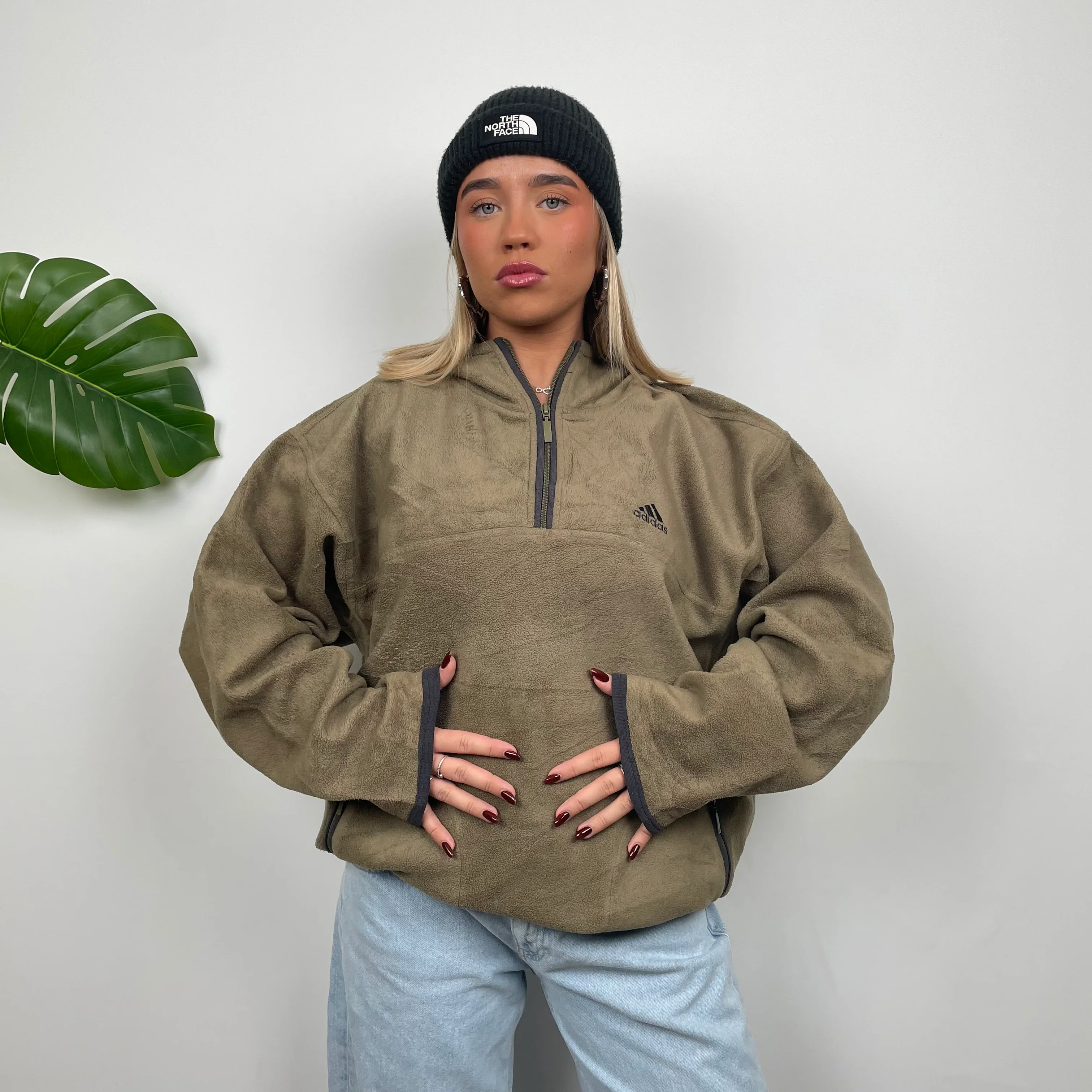 Adidas RARE Brown Embroidered Spell Out Teddy Bear Fleece Quarter Zip Sweatshirt (XXL) - Image 2