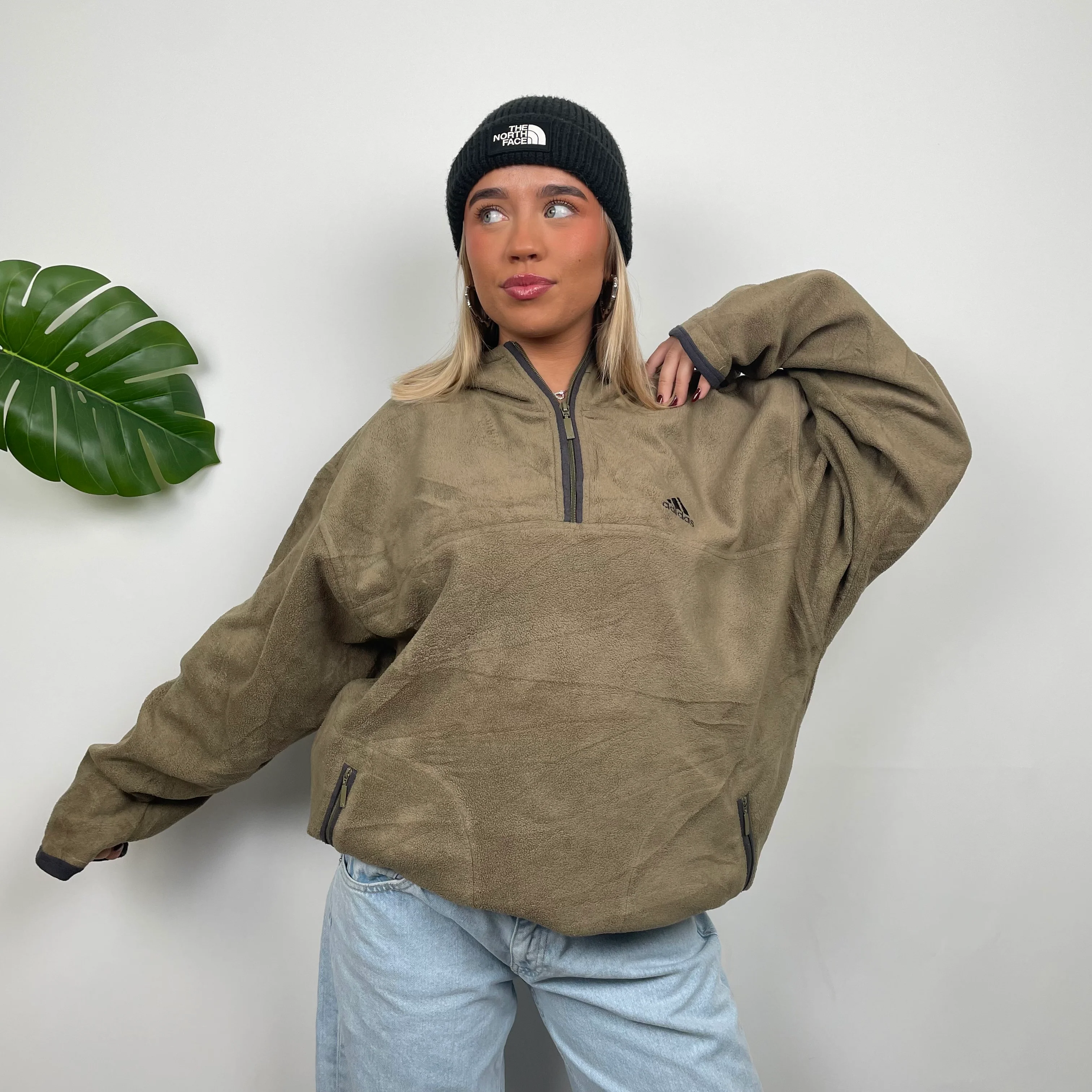 Adidas RARE Brown Embroidered Spell Out Teddy Bear Fleece Quarter Zip Sweatshirt (XXL) - Image 3