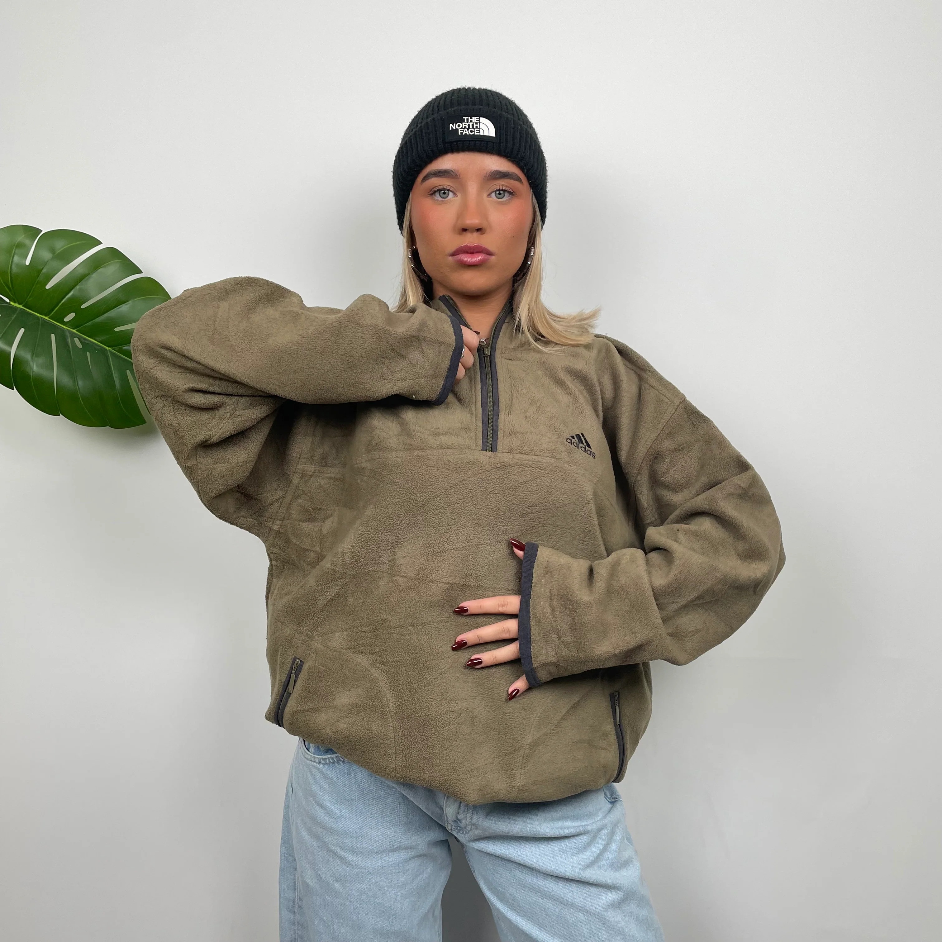 Adidas RARE Brown Embroidered Spell Out Teddy Bear Fleece Quarter Zip Sweatshirt (XXL) - Image 4